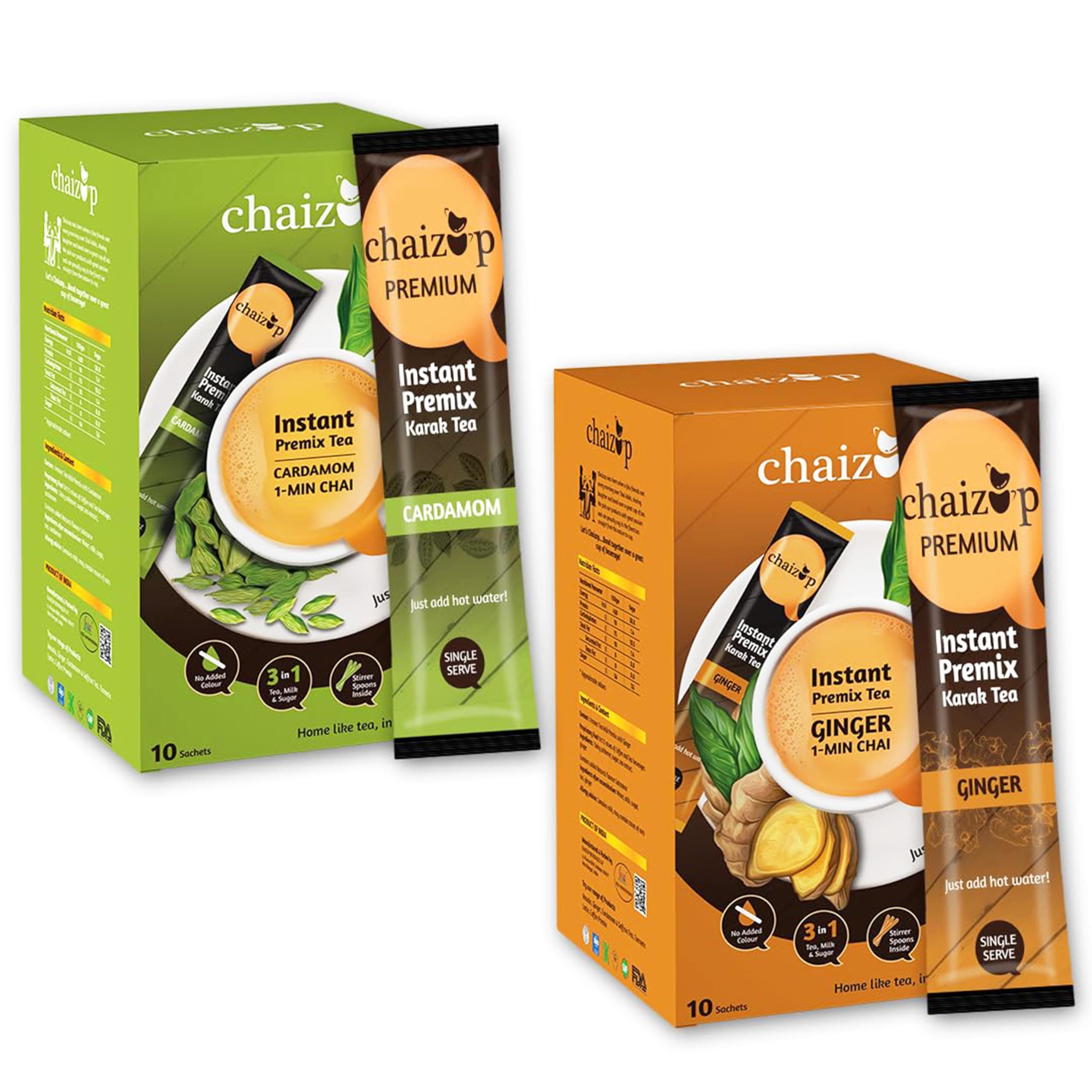 Chaizup Premium 1 Min Instant Assorted Tea Pack - 20 Sachets | Cardamom & Ginger Flavours | 20 Servings | 2 Packs (10 Flavours Each) | 280g