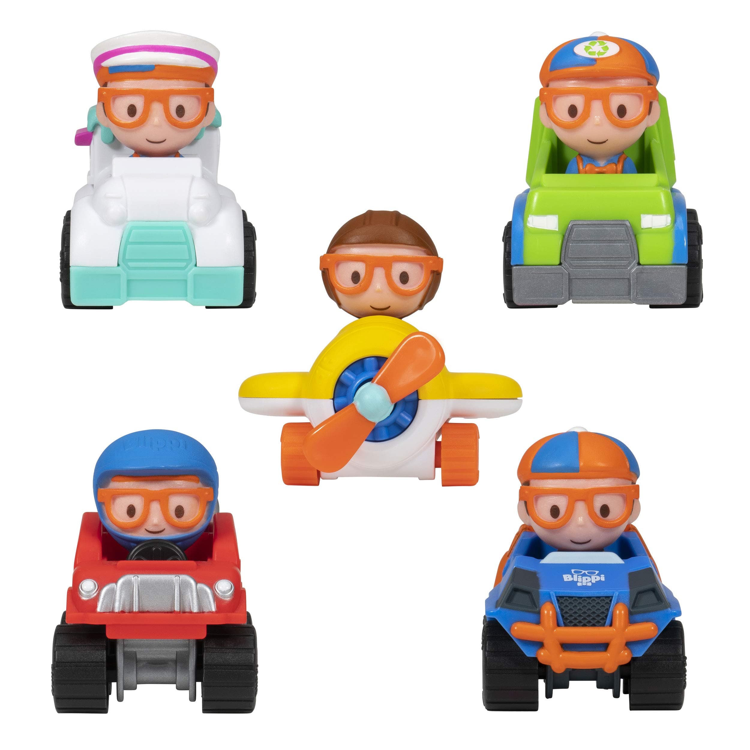 Blippi Mini Mobiles, 5 Pack Mini Vehicles - Features Character Toy Figure In Each Vehicle: Mobile/Car, Monster Truck, Recycle Truck, Ice Cream Truck, and Airplane - Educational Toys for Young Children