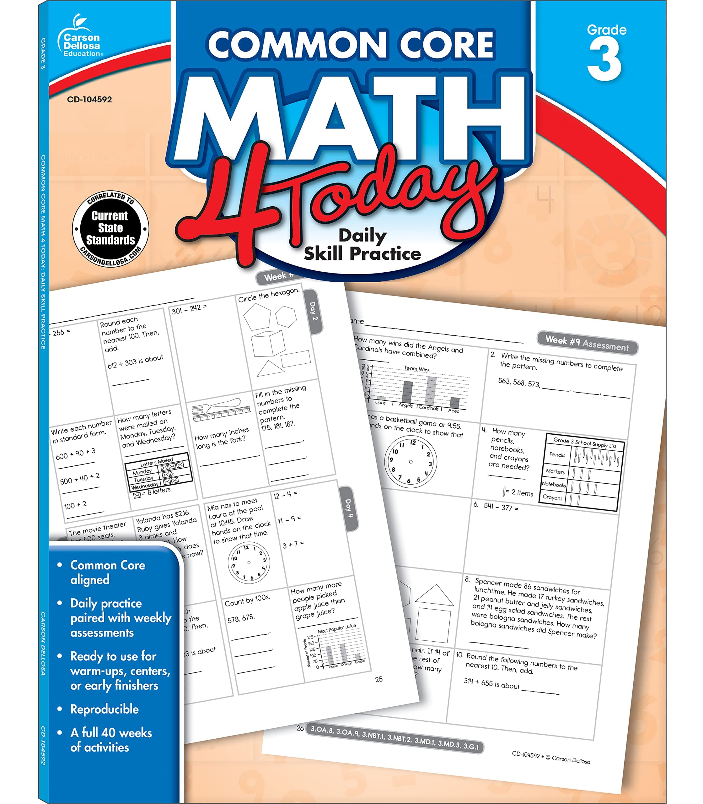 Carson Dellosa Common Core Math 4 Today 3rd Grade Workbooks, Telling Time, Fractions, Addition, Subtraction, Multiplication, Division, and More Mathematics Classroom or Homeschool Curriculum (Volume 6)
