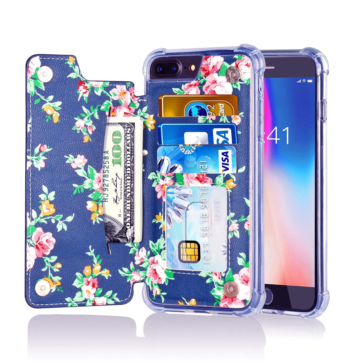 iPhone 8 Plus Wallet Case,iPhone 7 Plus Wallet Case,MISSCASE PU Leather Case with Card Holder,Flower Floral Pattern Protective Cover for Apple iPhone 7 Plus/ 8 Plus / 6 Plus 5.5" Blue Red