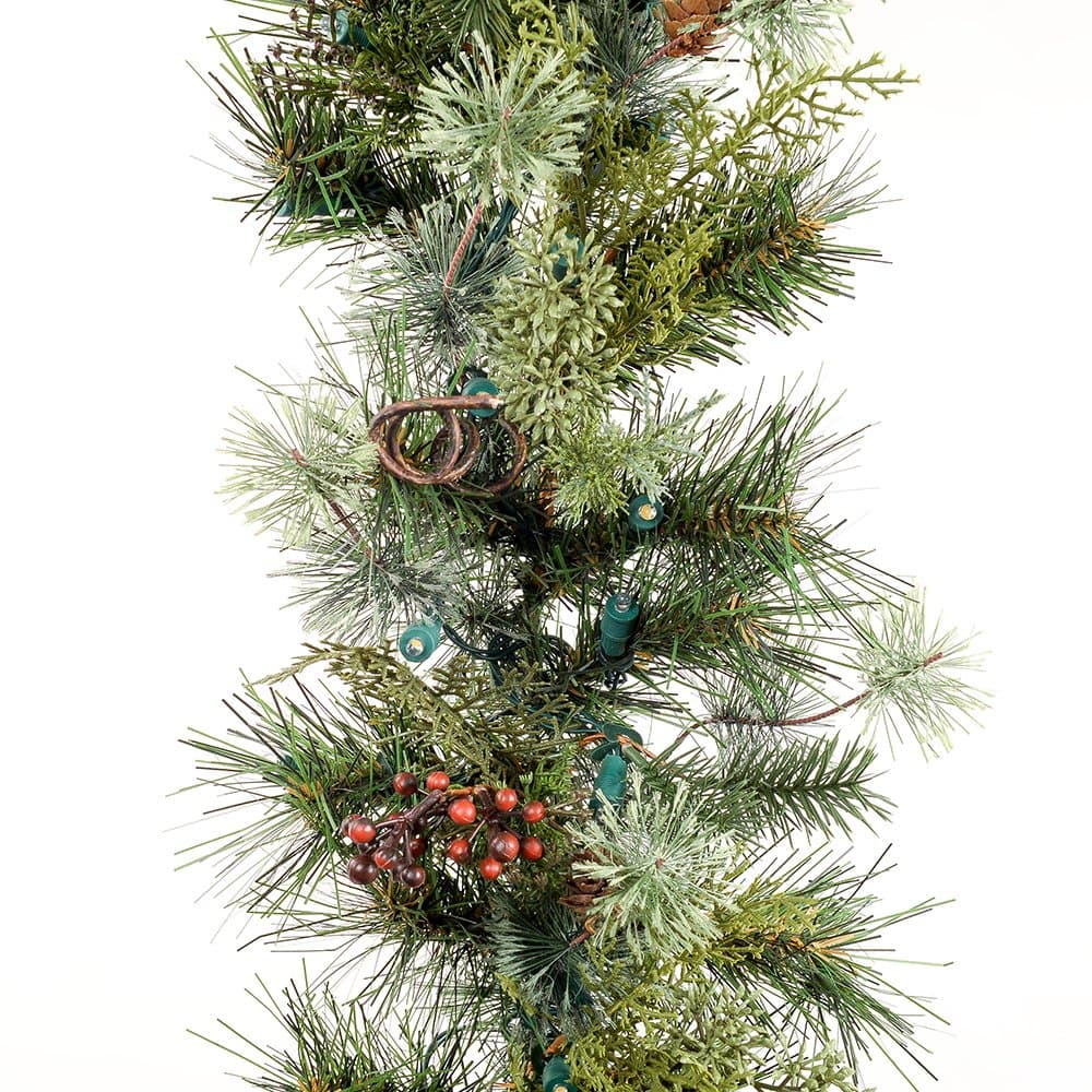 9 ft. Artificial Pre Lit LED Decorated Christmas Garland-Rustic Pine and Berry decorations-100 super mini warm clear colored lights with timer battery pack for indoor and outdoor use