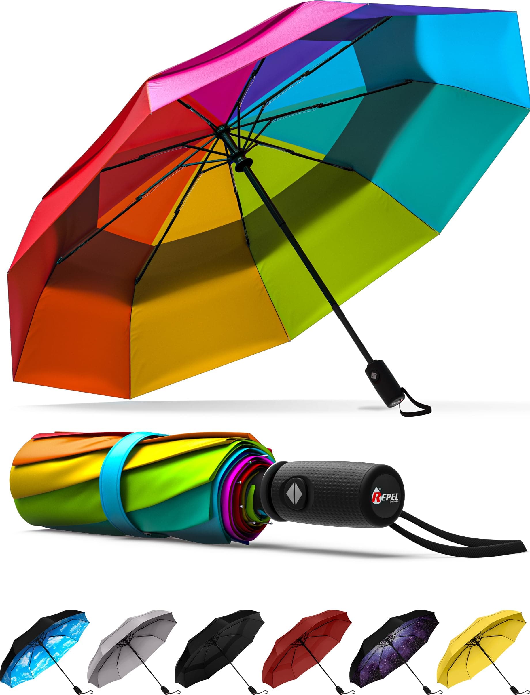 Repel Umbrella Windproof Travel Umbrella - Compact, Light, Automatic, Strong and Portable - Wind Resistant, Small Folding Backpack Umbrella for Rain - Men and Women, Rainbow