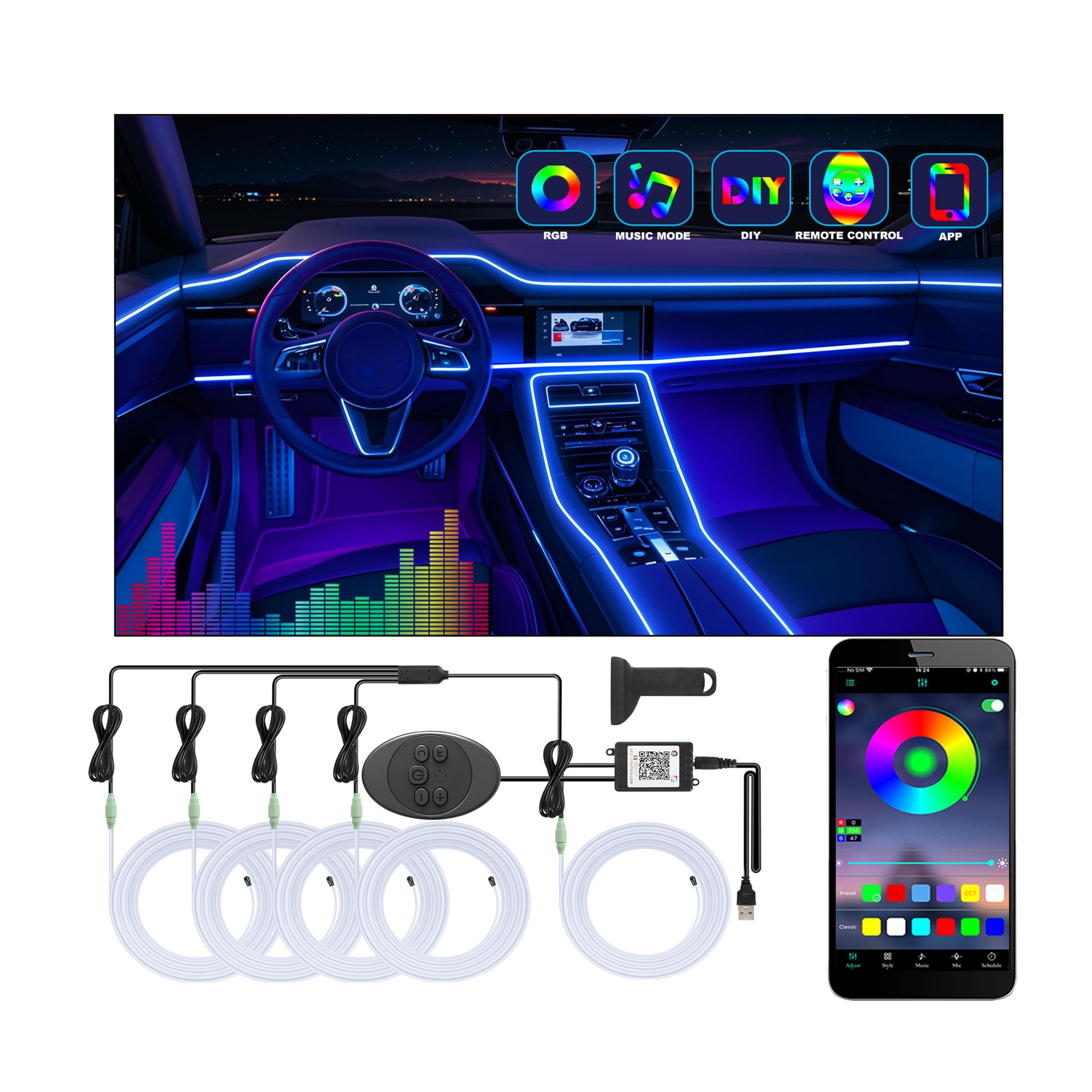 5 in 1 Car LED Strip Lights with App Control, RGB Colored Interior Lights, Ambient LED Lighting Kit, 4 Flashing Light Modes, USB Neon Accessories for Doors