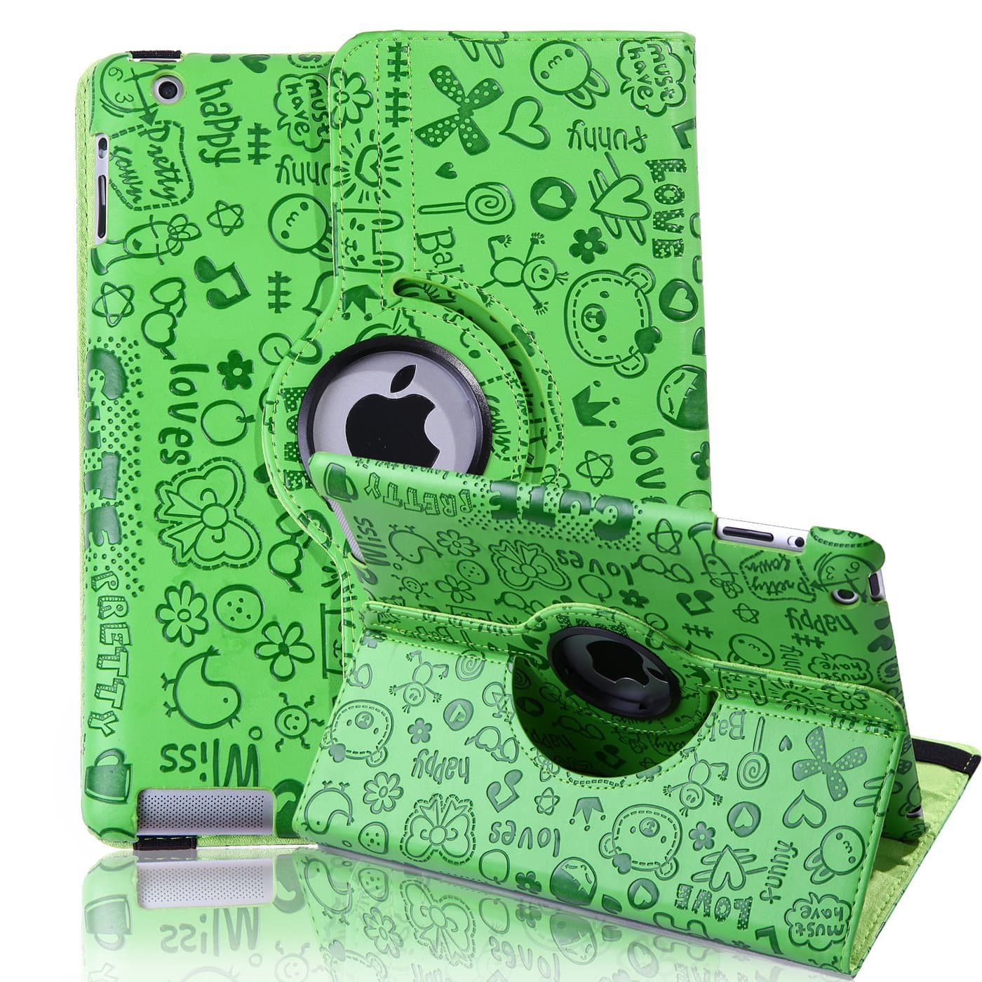 HDE iPad 2 iPad 3 iPad 4 Rotating Case 360 Degree Magnetic Cover Stand for 2nd 3rd 4th Generation iPad (Green Cartoon)