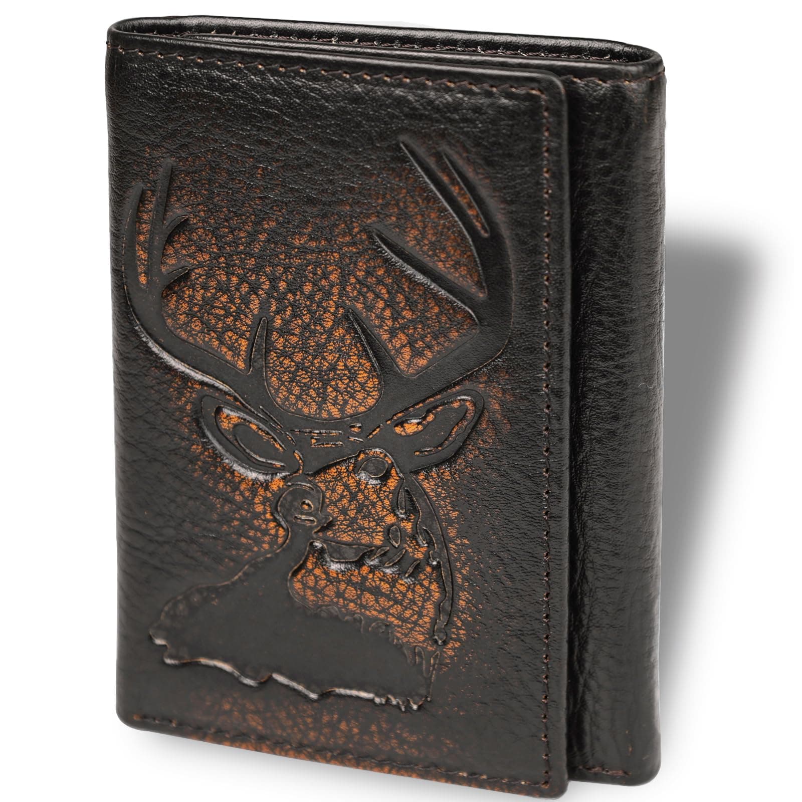 DK86 Trifold Wallets for Men Genuine Leather RFID Blocking with ID Window, Black Brown with Deer, Vintage