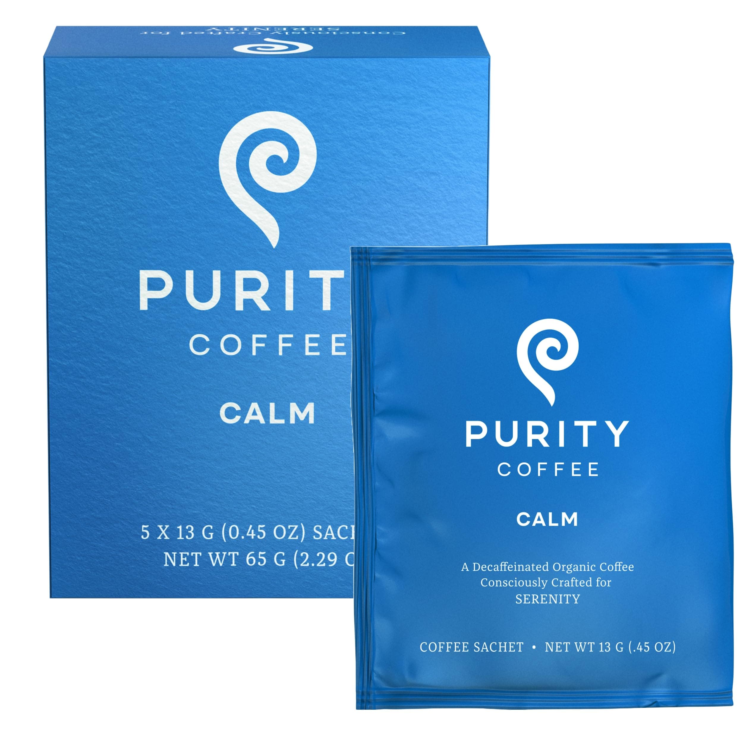 Purity Coffee CALM Decaf Medium Roast Organic Coffee - USDA Certified Organic Specialty Grade Arabica Single-Serve Packets - Third Party Tested for Mold, Mycotoxins & Pesticides - 5 ct Box