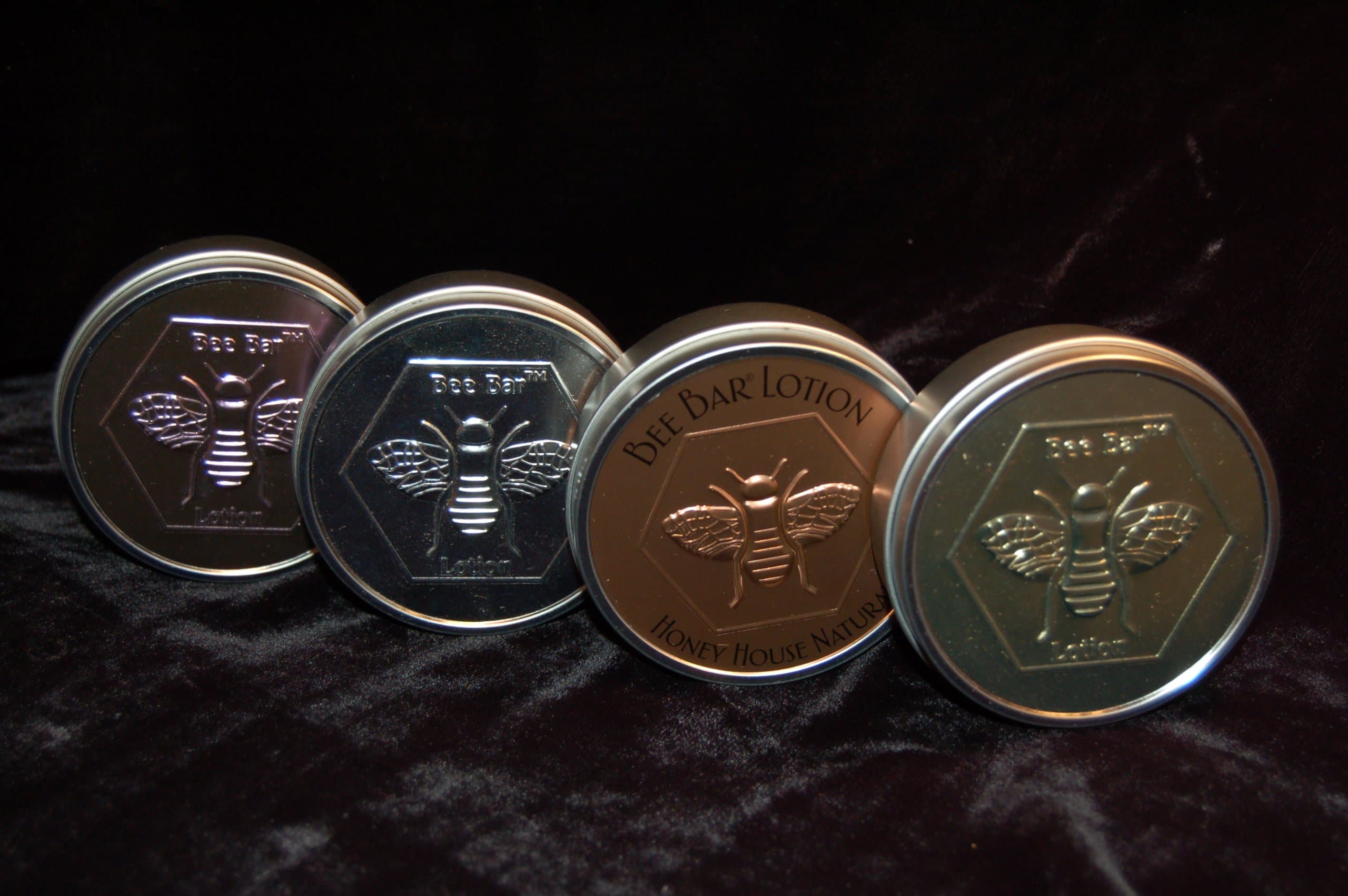 Honey House Bee Bar Natural Solid Lotion Bar 2 Oz - New in Gold & Silver Embossed Tin Case - Assortment of 4 Bars