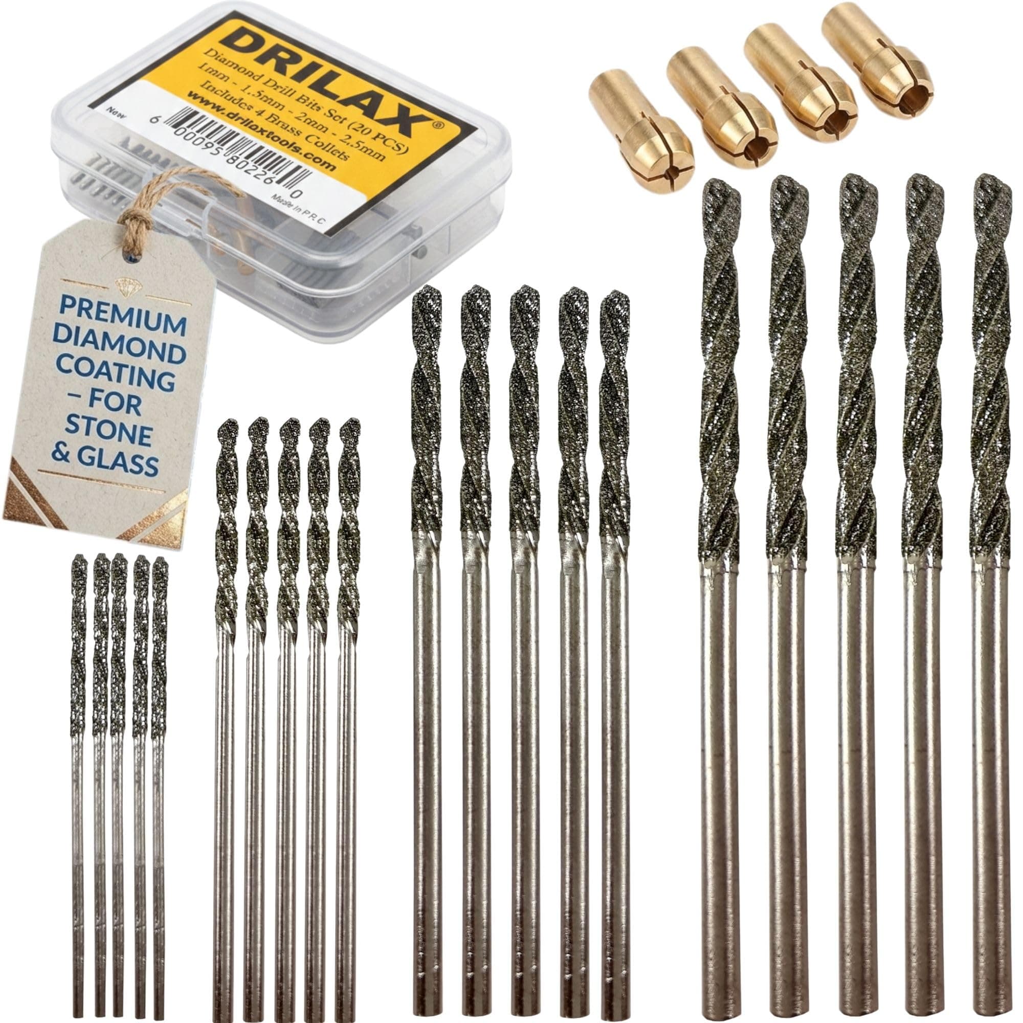 24-Piece Diamond Drill Bits Set (1mm, 1.5mm, 2mm, 2.5mm) Compatible with Dremel Rotary Tools – Includes 4 Collets – Diamond Tipped Drill Bit for Stone, Glass, Sea Shells & Jewelry Making Tools