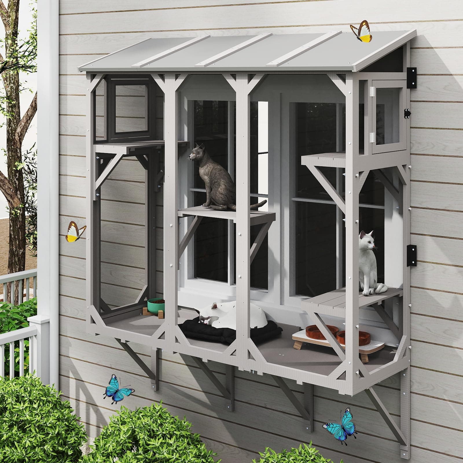 ketive Cat Catio, Expandable Window Box Enclosure for Multiple Indoor Cats, Comfortable Wooden Small Pet Perch House, All-Weather Use, Keep Bugs Insects Out, with 4 Platforms and 3 Doors
