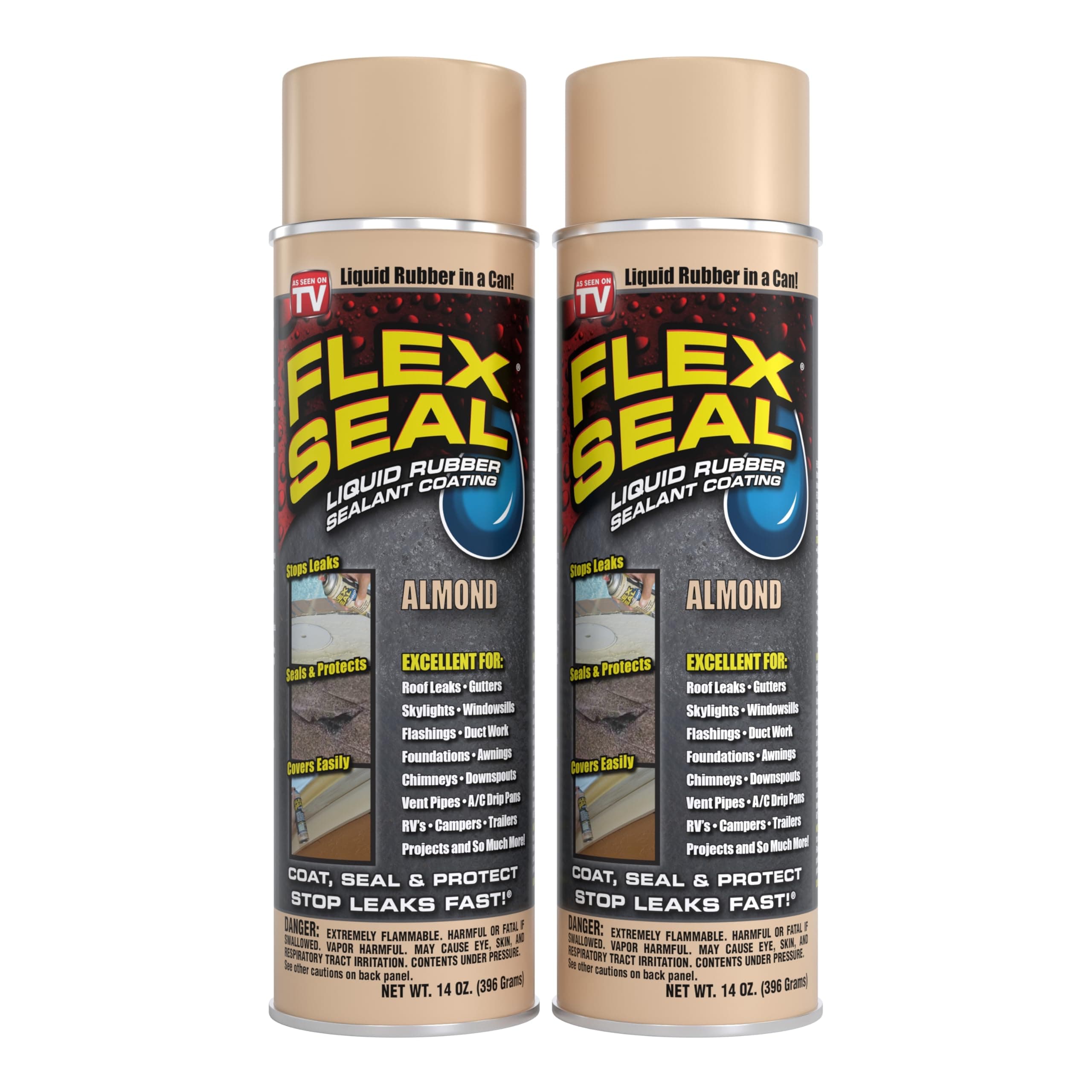 Flex Seal, 14 oz, 2-Pack, Almond, Stop Leaks Instantly, Waterproof Rubber Spray On Sealant Coating, Perfect for Gutters, Wood, RV, Campers, Roof Repair, Skylights, Windows, and More