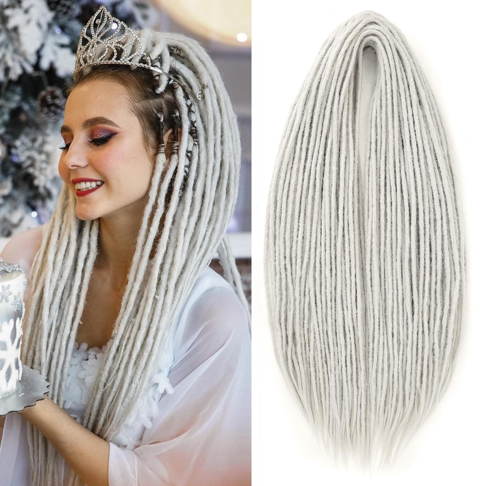 Leeven 30 Strands Light Grey Double Ended Dreadlock Extensions 24 Inch 0.6 cm Width Thin Synthetic DE Dreads Crochet Hippie Wool Dreads Handmade Soft Loc Extensions for Women Men