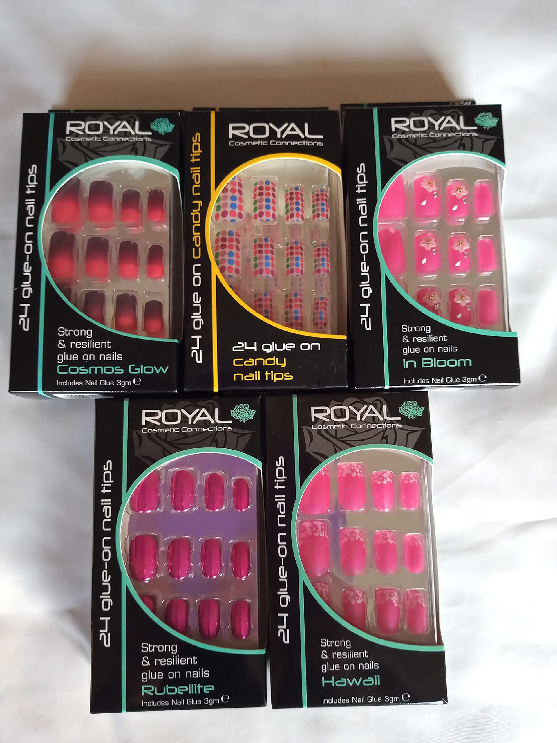 Royal False Nail Tips - 5 x 24 Pieces, Variety Pack, Glue on, Stiletto Shape, Plastic Material