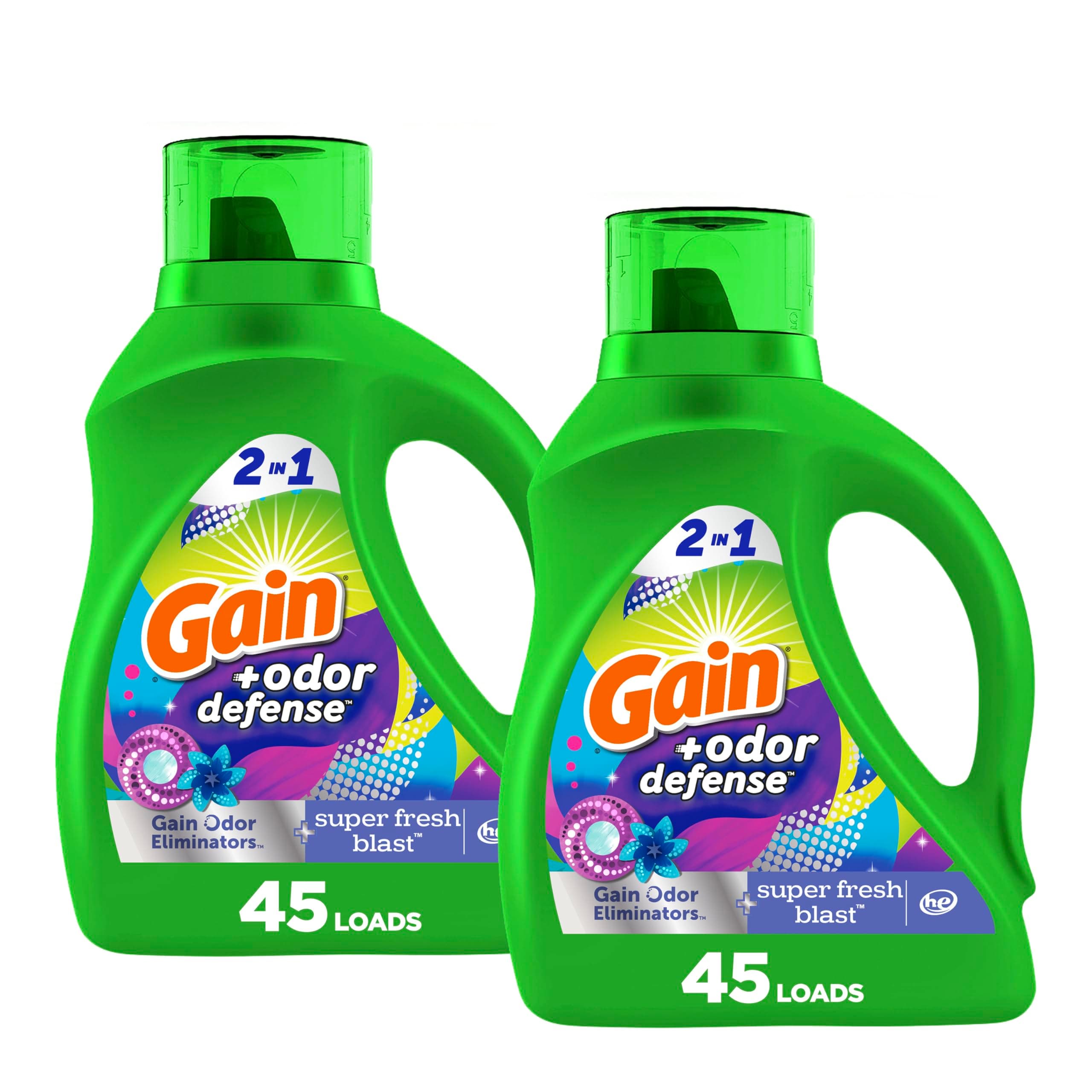 Gain Odor Defense Liquid Laundry Detergent, Super Fresh Blast Scent, 2 x 65 fl oz, 2 x 45 loads, total of 90 loads, 2 in 1, Laundry Detergent Liquid Soap, HE compatible