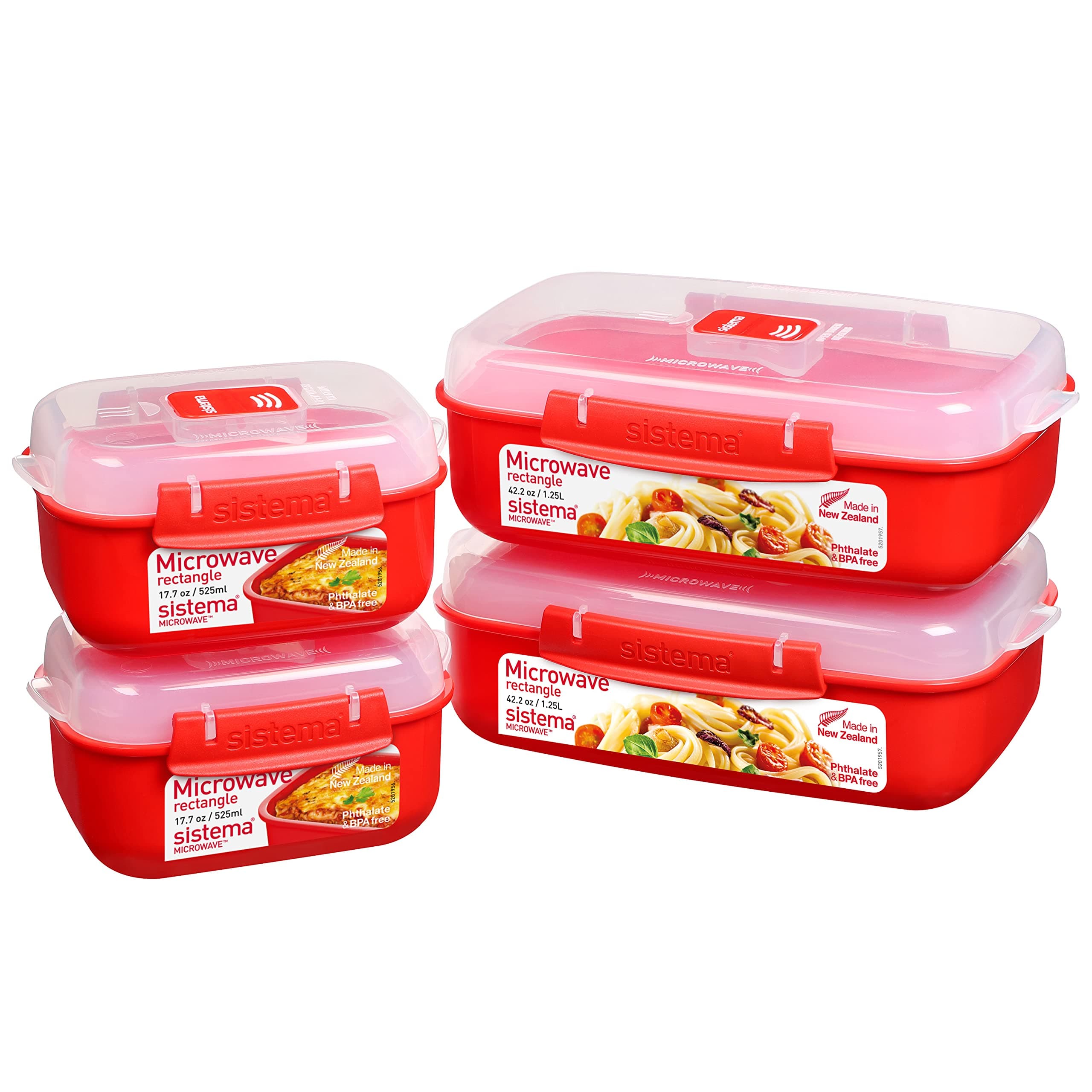 Sistema Heat and Eat 4 Rectangular Food Containers with Lids 1.25L + 2X 525ml | Locking Clips & Steam Release Vents | BPA-Free Microwave Set, 2X 1.25 Litre + 2X 525 ml, Red