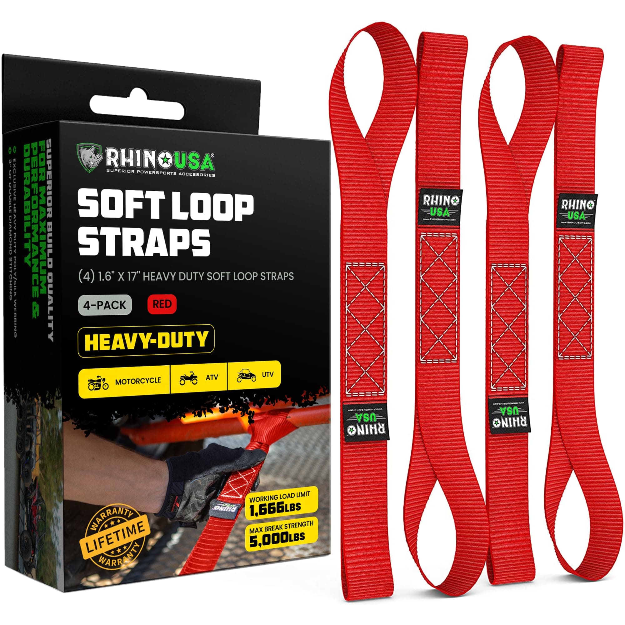 RHINO USA Soft Loop Motorcycle Tie Down Straps - Guaranteed 10,427lb Max Break Strength, Heavy Duty Tiedown Loops for Secure and Confident Trailering of Motorcycles, Dirtbikes, ATV, UTV (Red 4-Pack)