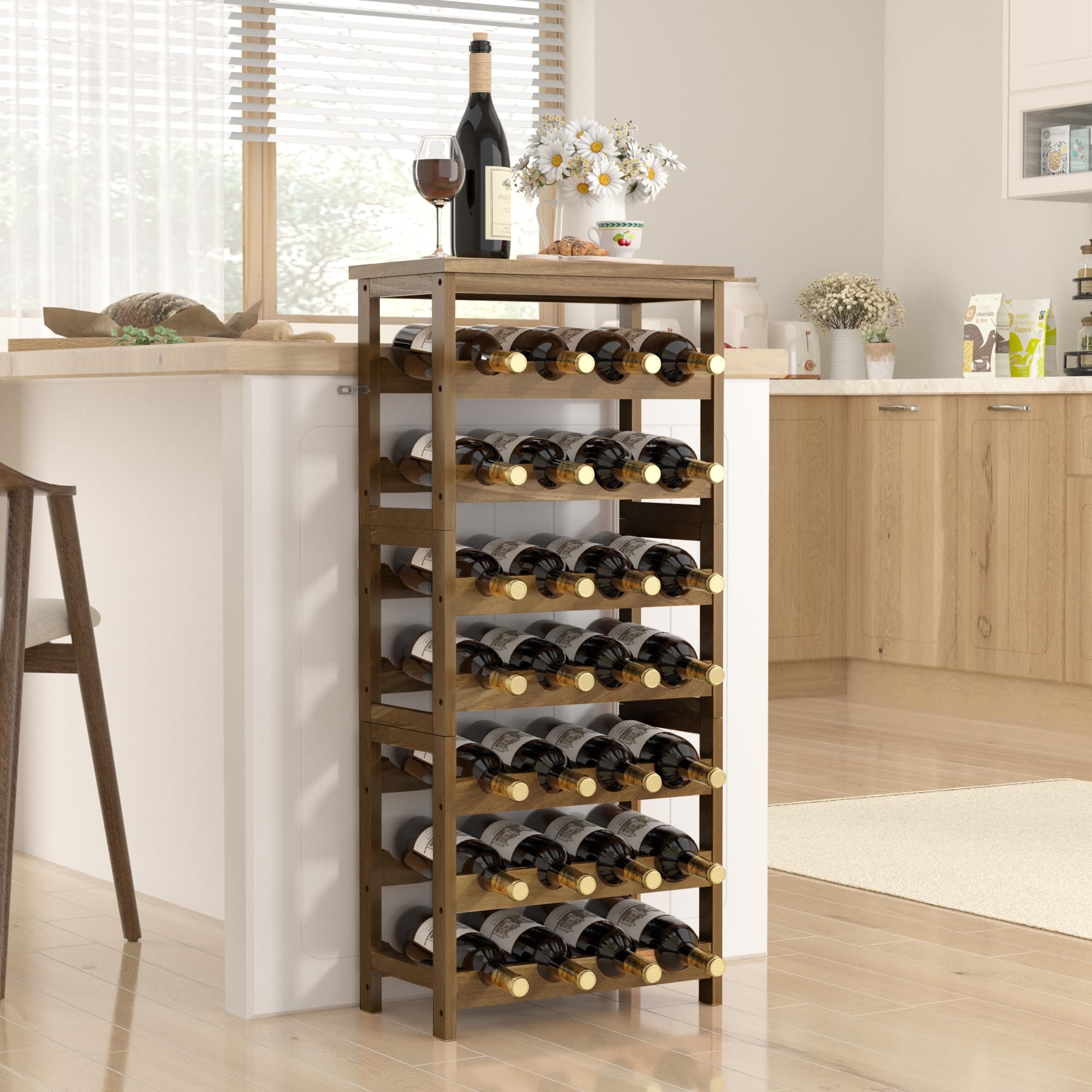 28-Bottle Wine Rack Free Standing Floor, Solid Wood 7-Tier Display Wine Storage Shelves with Tabletop, Wobble-Free Bottle Holder for Cellar Kitchen Bar Dining Room Living Room, Light Brown