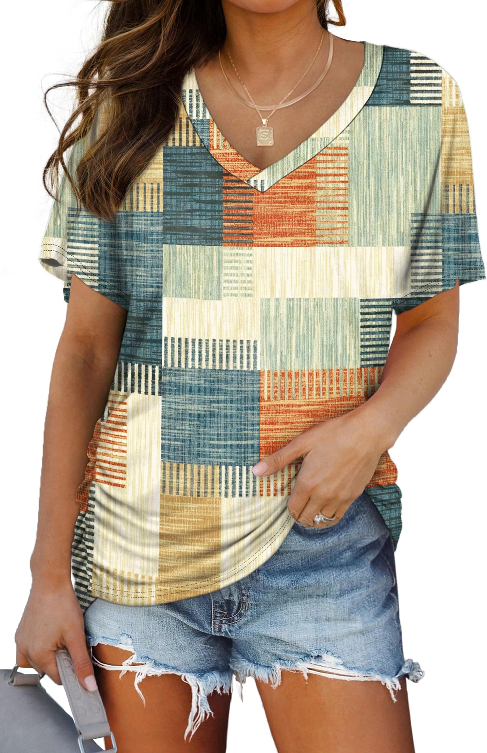 WIHOLL Womens Summer T-Shirts Short Sleeve V Neck Dolman Tops with Side Shirring Loose Fit Shirts Spring Fashion