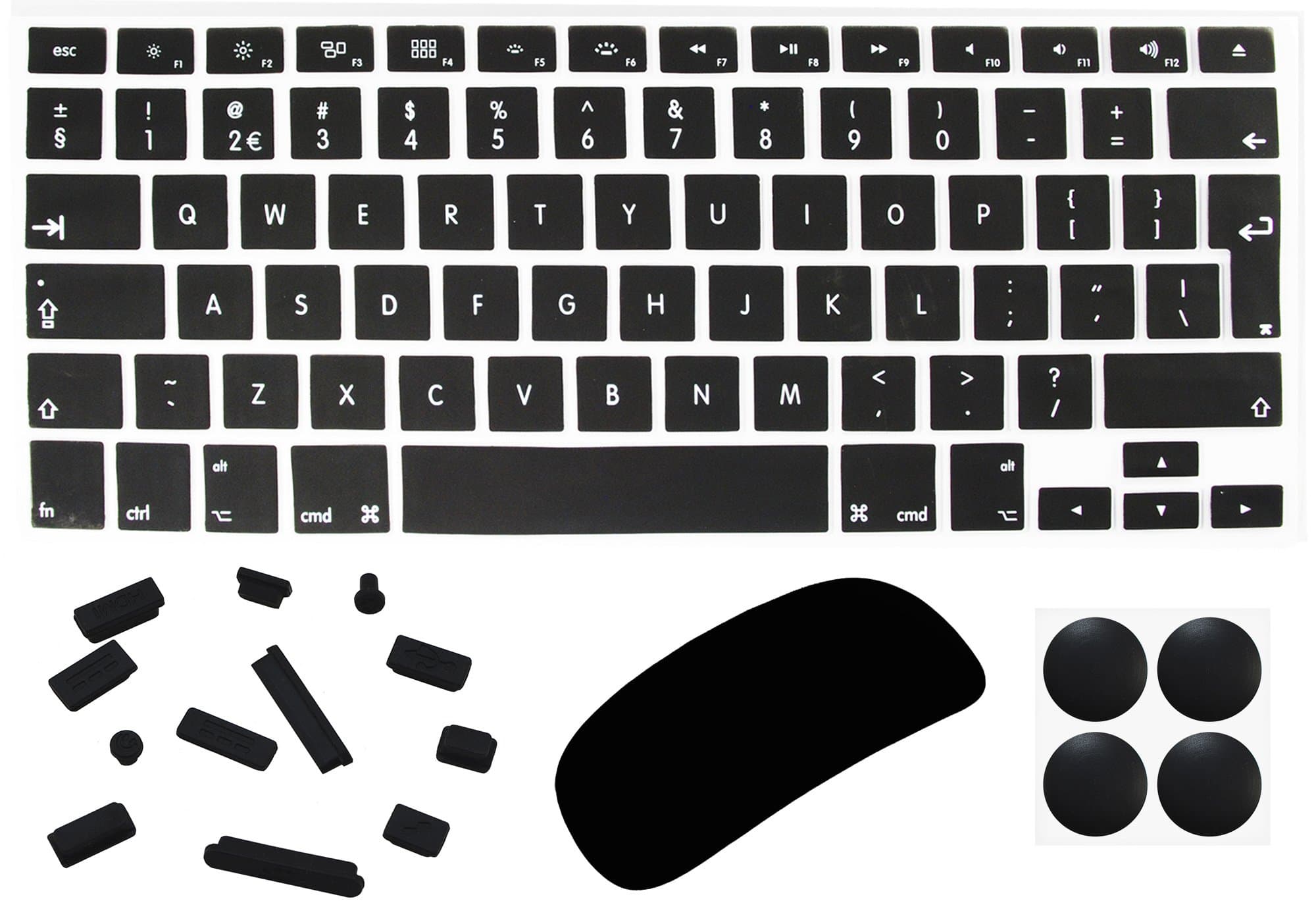 4 in 1 Lilware Accessory Kit for Apple MacBook Air 13. Waterproof International Keyboard Cover (Also Pro 13.3 15.4 Retina) + Magic Mouse Protector + Anti Dust Plugs + 4 Pack Rubber Feet. Black