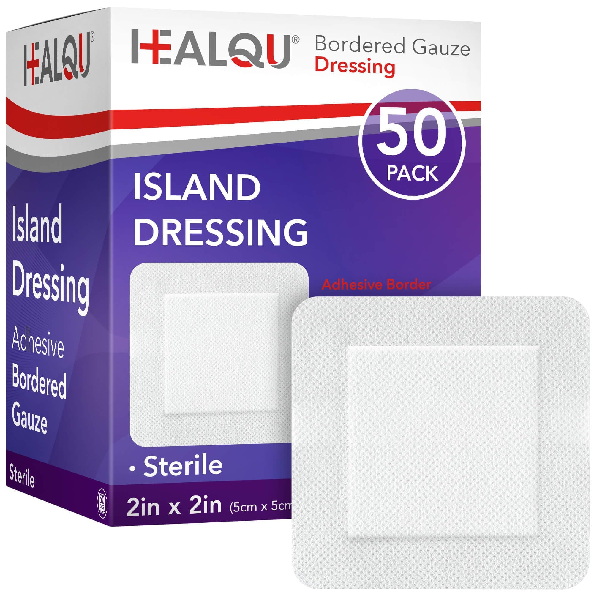 HEALQU Bordered Gauze Island Dressing - 50 Count, 2" x 2" Sterile Individually Wrapped Gauze Pads with Water-Resistant, Non-Woven Backing - Soft and Breathable Wound Dressing for First Aid and Medical