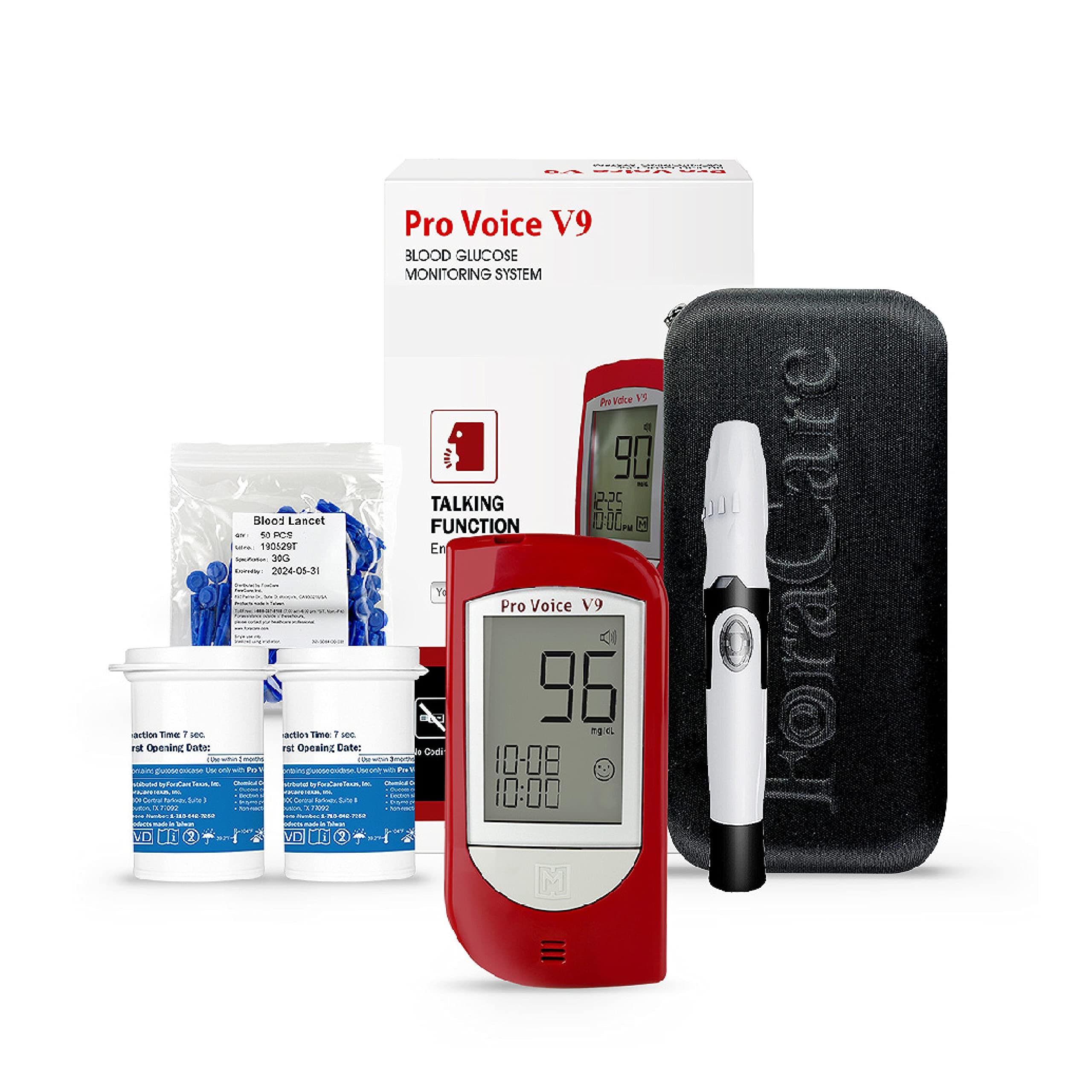 Pro Voice V9 Diabetes Testing Kit for Accurate and Easy Monitoring Your Blood Glucose with Talking Glucometer, 1 Meter, 100 Test Strips, 100 Lancets, 1 Painless Design Lancing Device, Carry Case