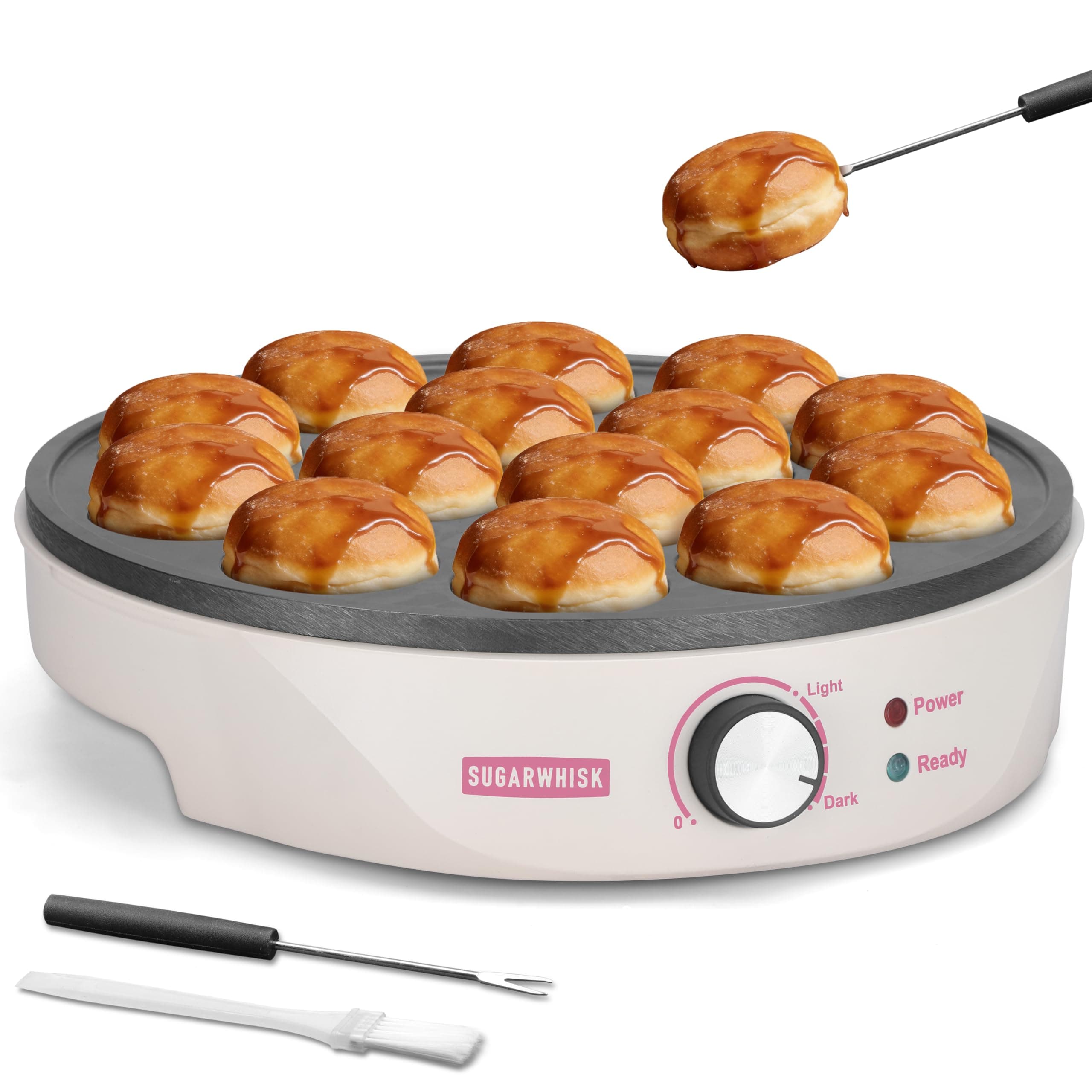 SugarWhisk Mini Pancakes Maker Machine with 14 Larger & Deeper Grooves, Electric Mini Pancake Pan, Aebleskiver Pan, Ebelskiver Pan, Browning Controllable, White