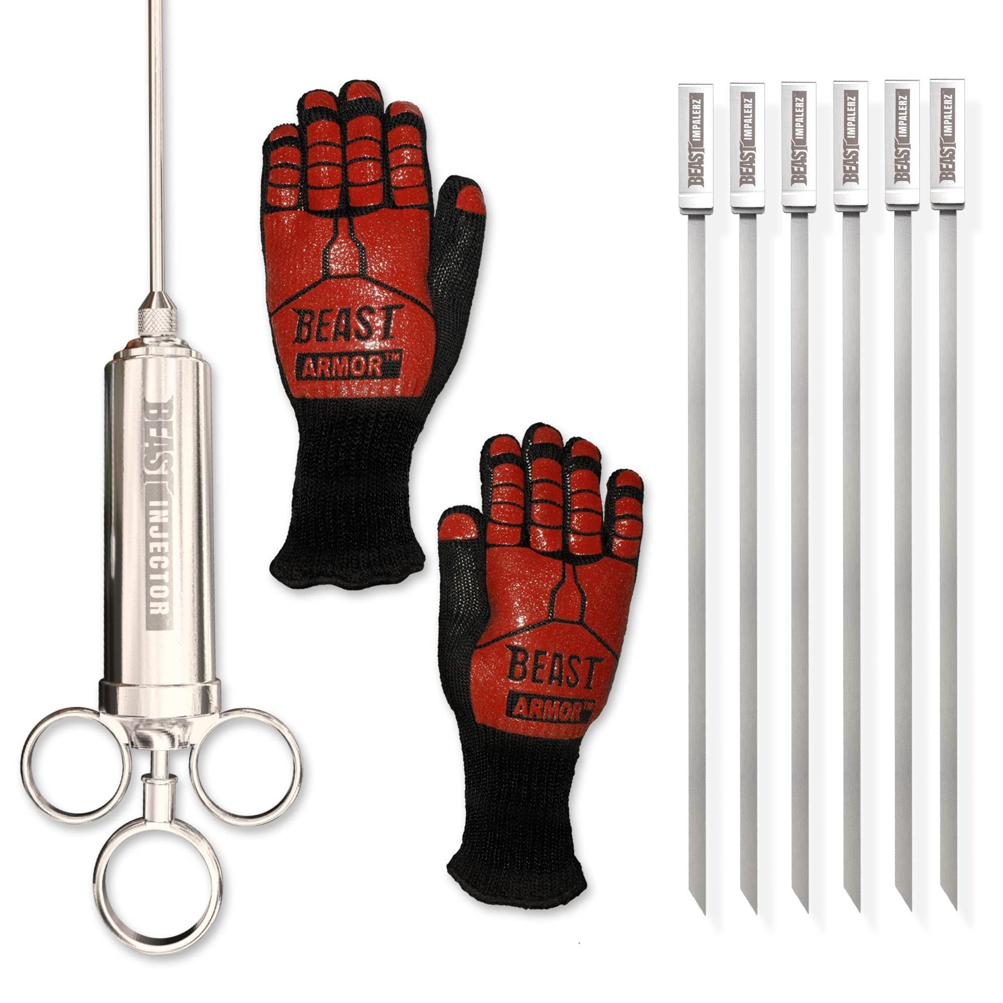 Grill Beast BBQ Starter Kit Packaged with BBQ Gloves Meat Injector & 6 Stainless Steel Skewers Must Have Barbecue Accessories for Grilling Tools to Create Favorite BBQ Dishes for Your Backyard BBQ