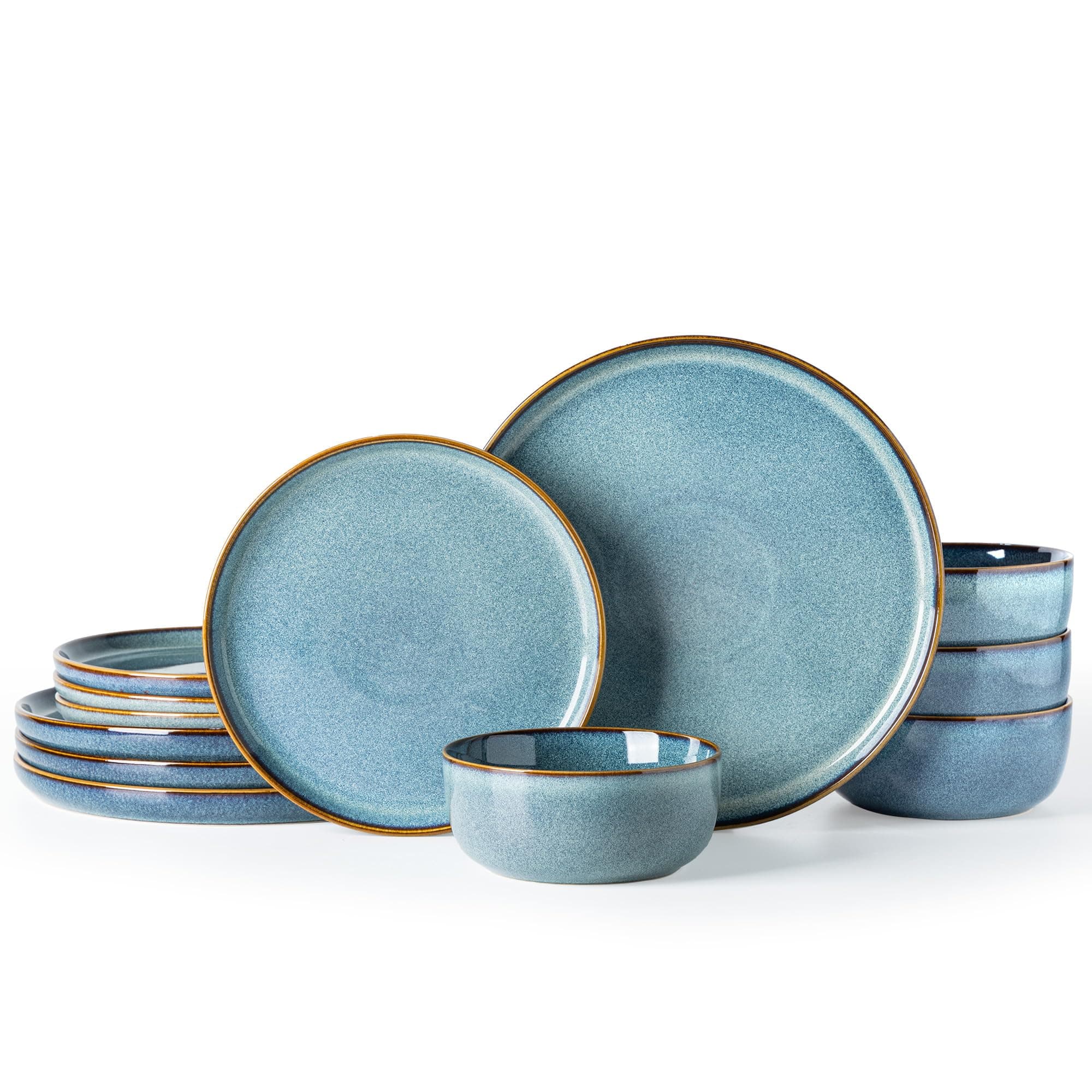 GBHOME Ceramic Dinnerware Sets for 4, 12 Pieces Stoneware Plates and Bowls Sets, Reactive Glaze Dishes -Scratch Resistant, Dishwasher&Microwave Safe, Space Blue