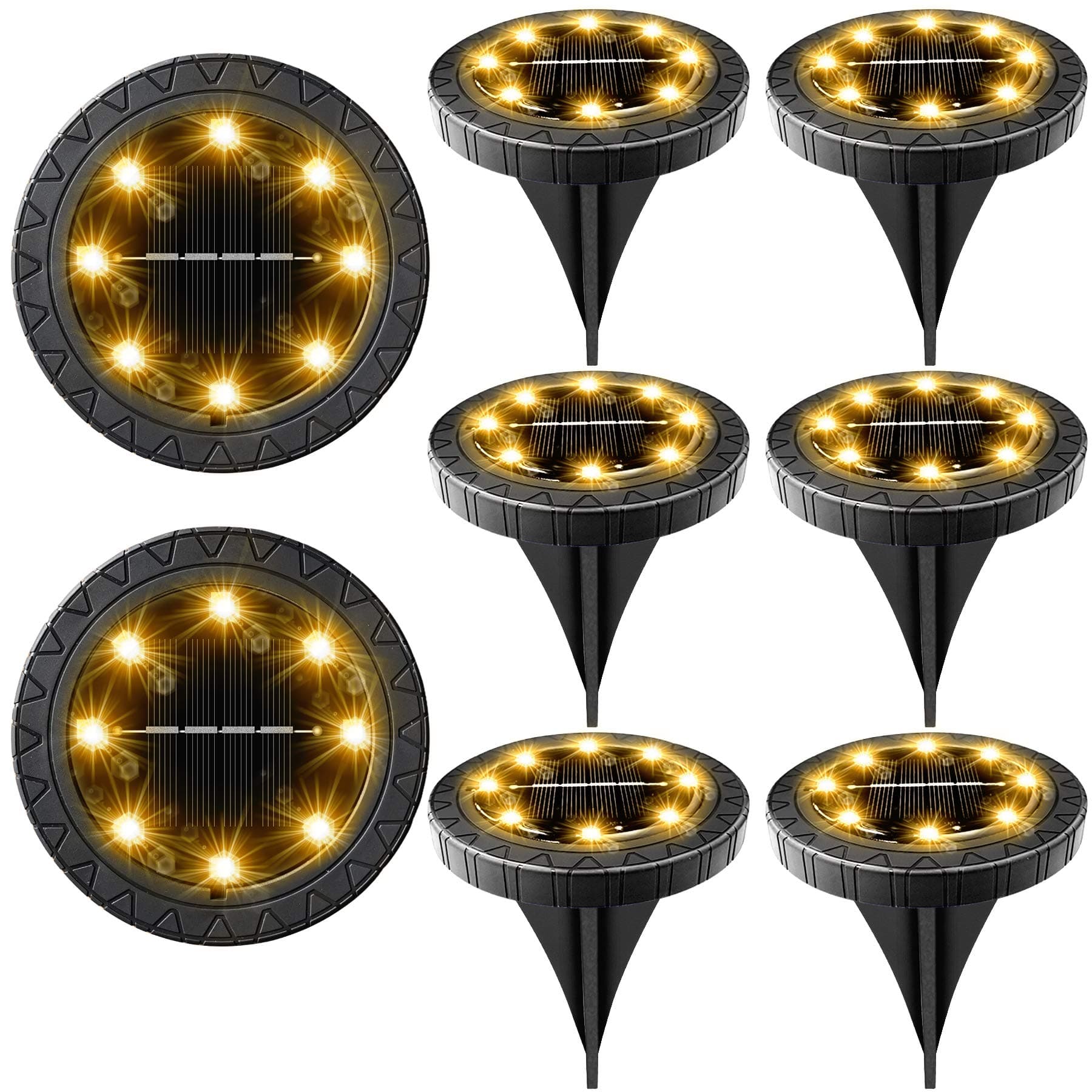 Solar Powered 8 Pack Outdoor LED Disk Lights - IP68 Waterproof, Non-Slip, Wear-Resistant Pathway Lights (Warm White)
