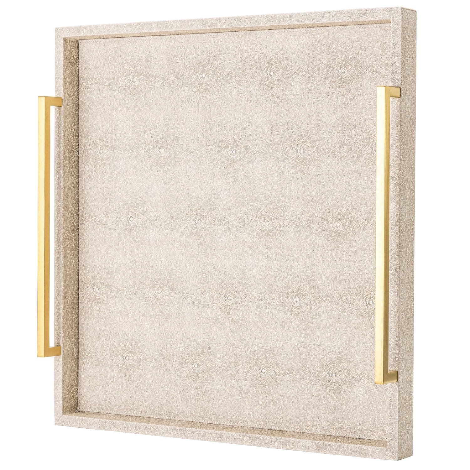 Large Ottoman Tray for Coffee Table,Square Shagreen Leather Decorative Tray with Gold Handles for Living Room Decor