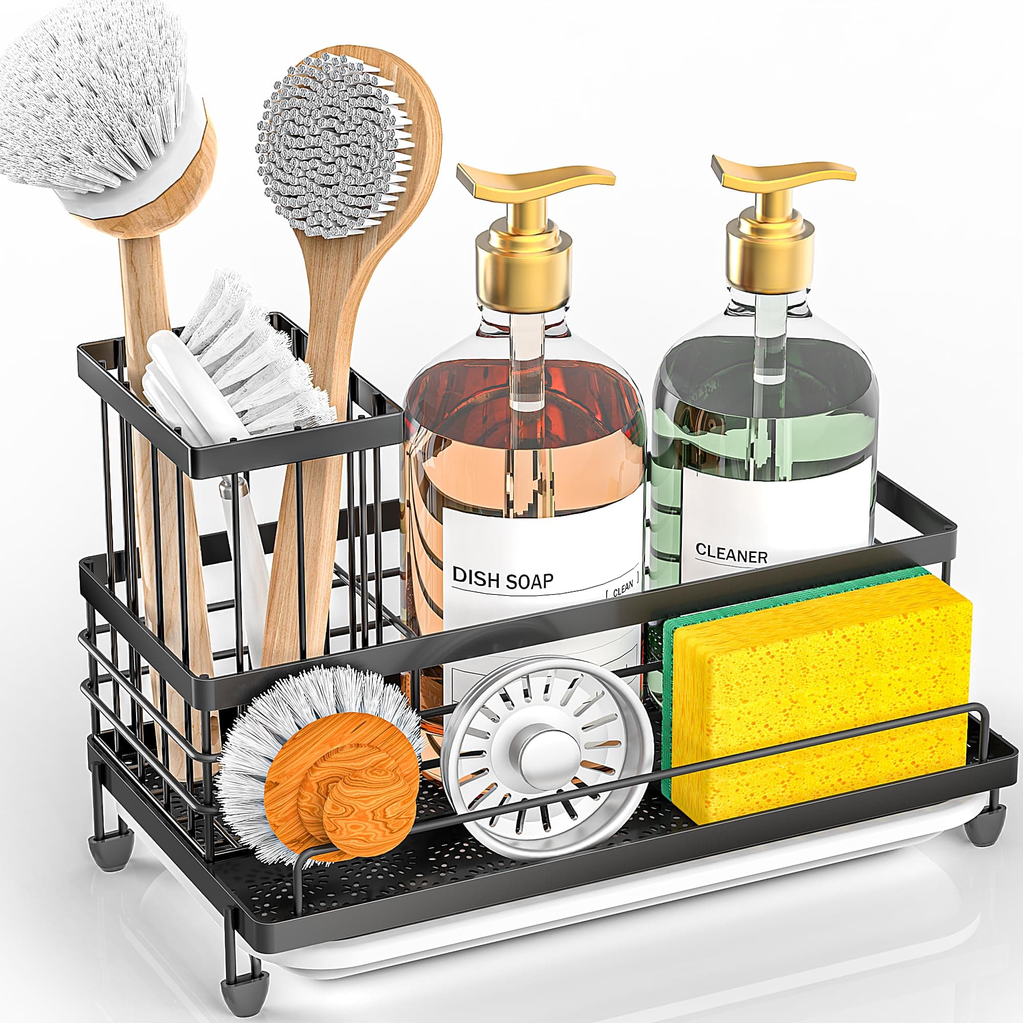 Kitchen Sink Caddy Organizer, Rustproof Non-Slip Soap Dish Dispenser Brush, Sponge Holder for Kitchen Sink, Kitchen Organization and Storage, Home Essentials Accessories(Matte Black)