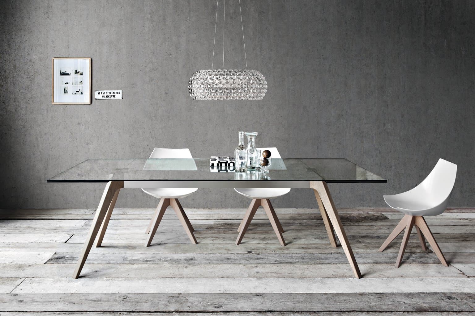 Pianca Delta: Modern Dining Glass Extendable Table. Natural Oak or Walnut Legs. Made in Italy.