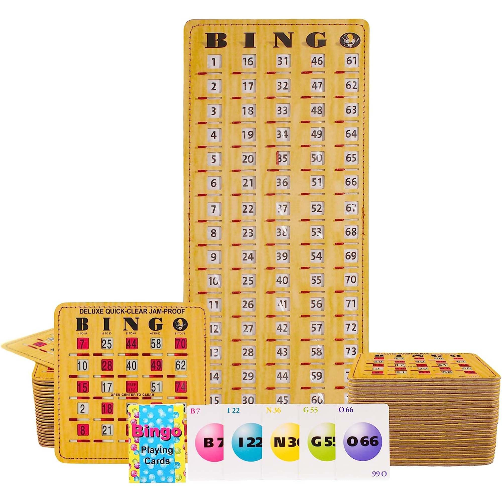 MR CHIPS Jam-Proof Bingo Cards with Sliding Windows, 50 Reusable Shutter Cards, 75 Calling Cards 1 Master Board in Woodgrain Style