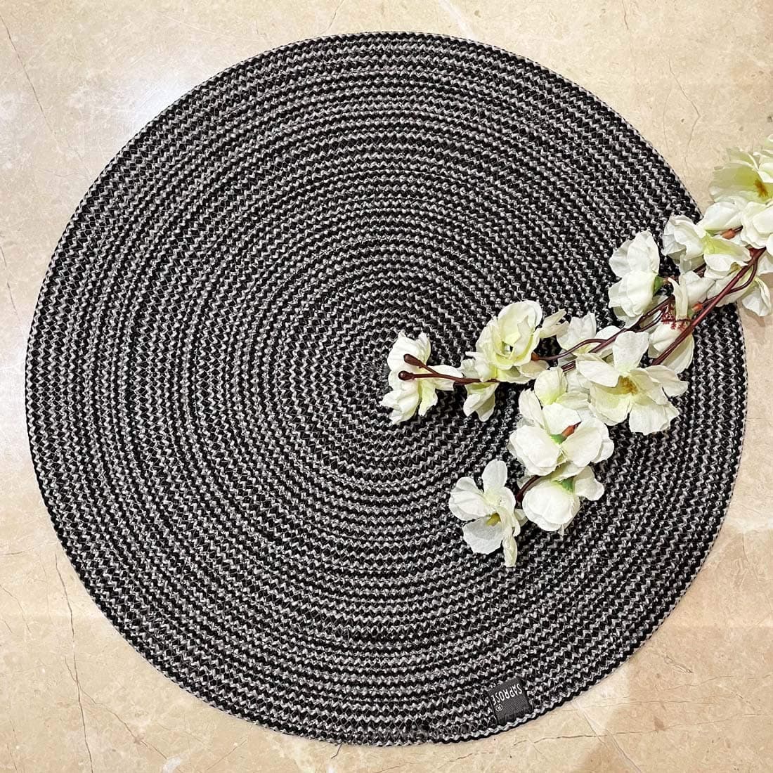 Polypropylene Multipurpose Braided Round Table Mat (1 PC Pack, 40 cm) Dinning Place mats, Side Table Mat, Doilies, Machine Washable Large Mat for Dining Table (15.5" Dia, Black-Grey)