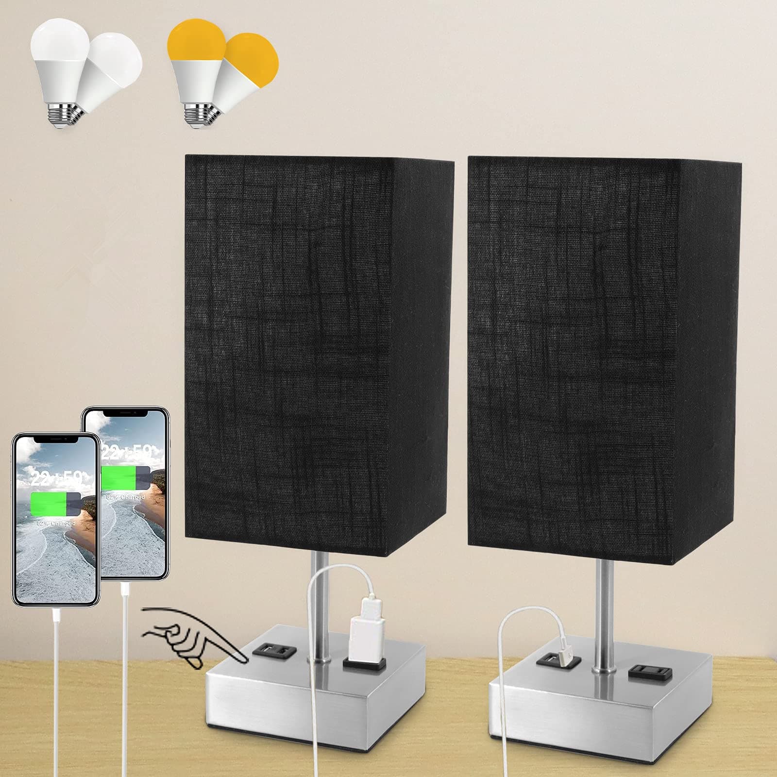 Dott Arts Touch Control Table Lamp Set of 2 ,3-Way Dimmable Bedside Lamp with 2 USB Ports & AC Outlet,Night Light Lamp with Black Fabric Shade for Living Room,Bedroom, Small Table Lamp with 4 Bulbs