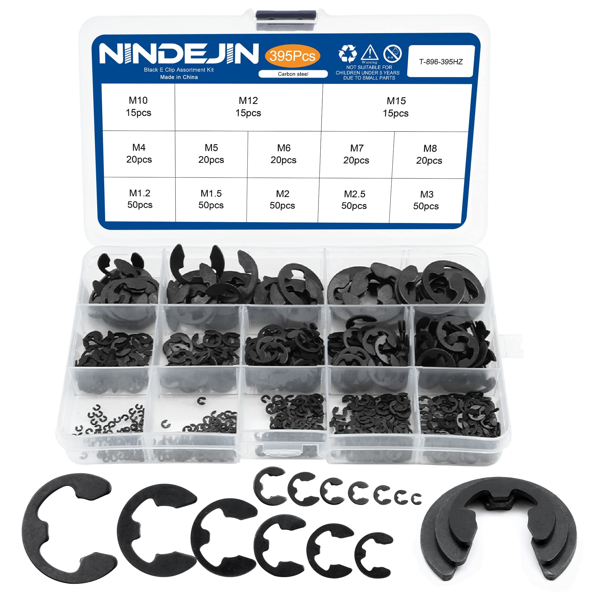 395PCS Retaining Rings E-Clip Assortment Set, 13 Sizes, Carbon Steel External Snap Ring, E-Clips Retainer Circlip Rings for Projects - Gears Pulleys Axles Shafts and Other Moving Parts
