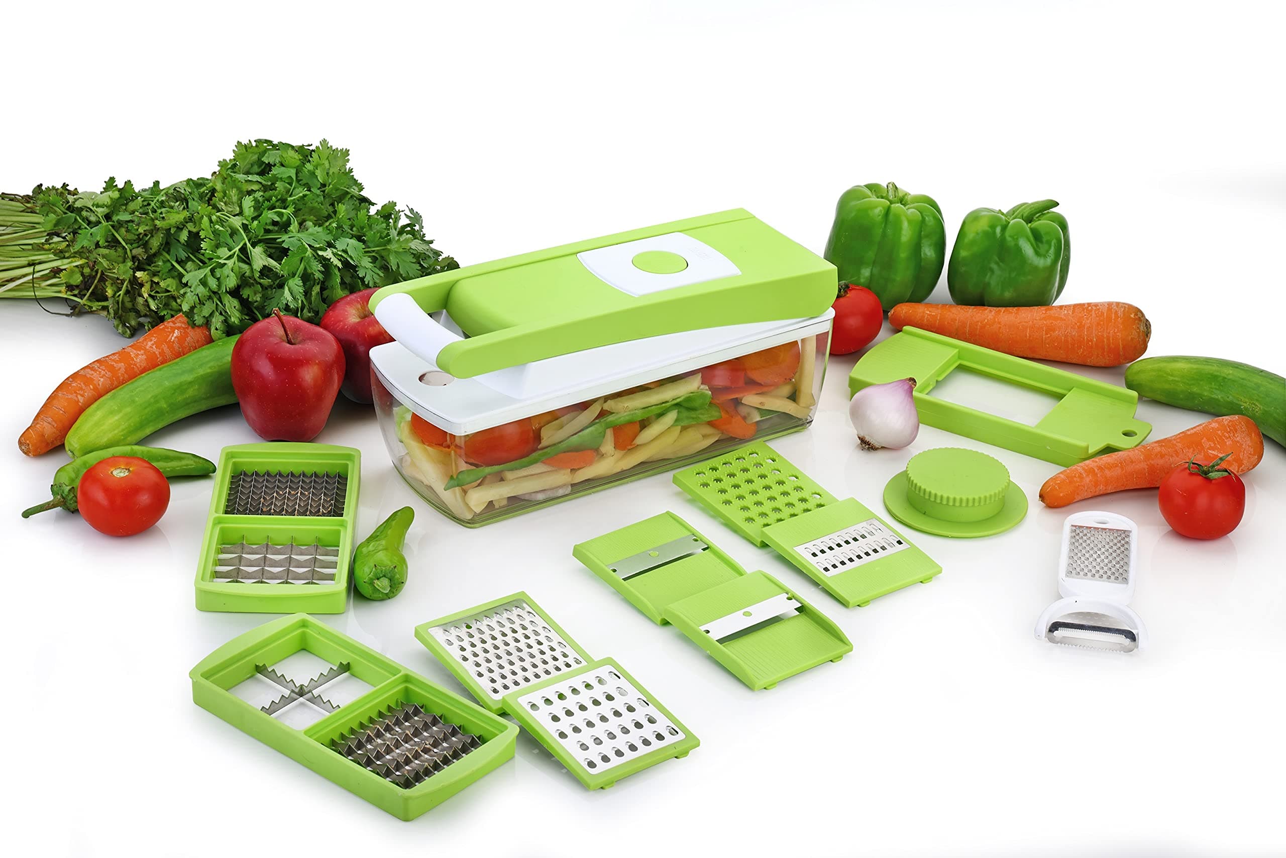 - Signoraware BPA Free Plastic 14 in 1 Vegitable Dicer with stainless steel Blades | Push Button For Easy Cleaning | Non Skid Grip | Perfect for Dicing, slicing, Grating fruits & veggies (Green)