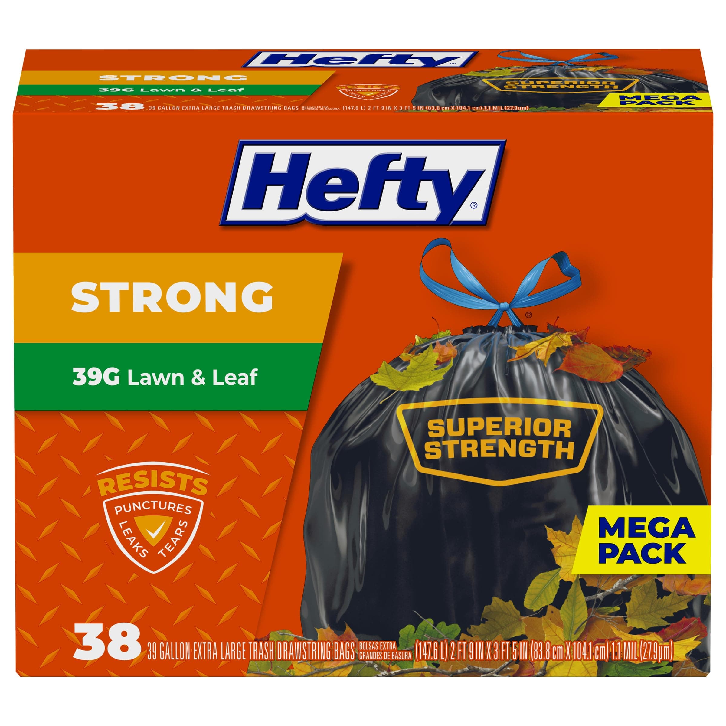 Hefty Lawn & Leaf Extra Strong Extra Large Drawstring Bags, 39 Gallon, 38 Count