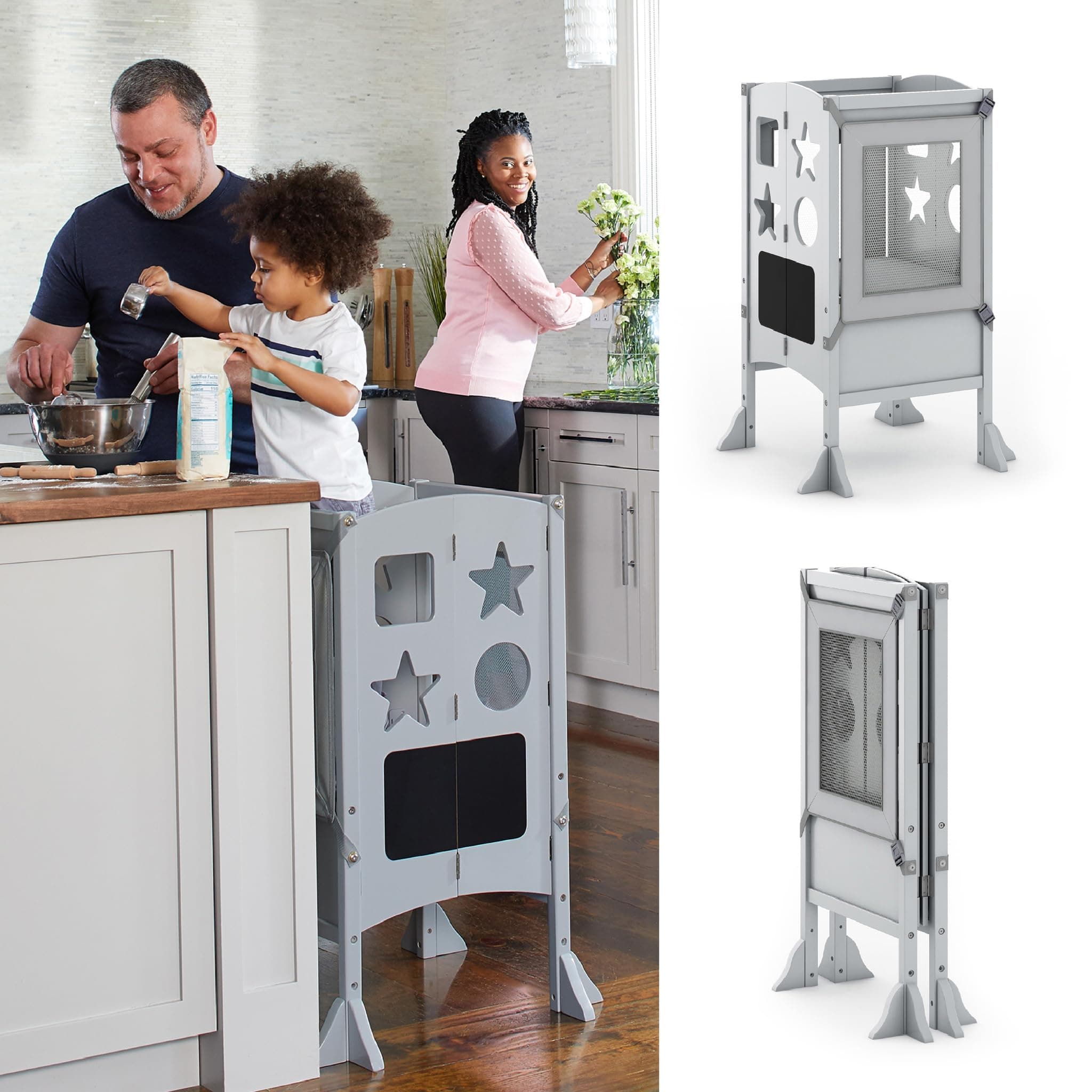 Guidecraft Classic Kitchen Helper® Toddler Tower - Gray: Folding, Adjustable Height, Learning Step Stool for Kids, W/Chalkboard | Montessori Collapsible Safety Non-Slip Platform