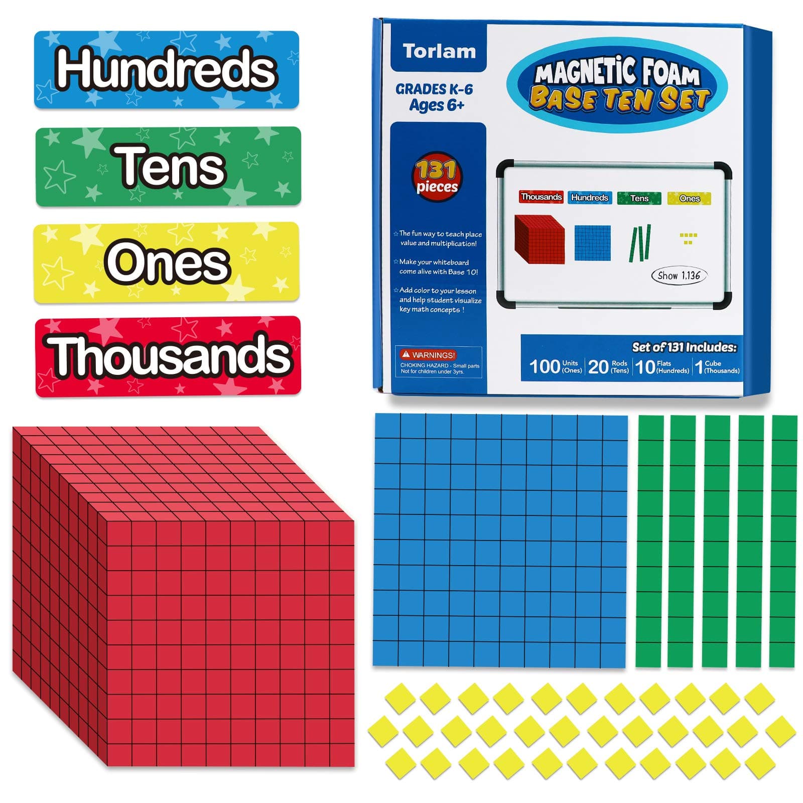 131 PCS Magnetic Base Ten Blocks - Place Value Blocks -Math Manipulatives K-3 for Elementary Classroom, Math Counters, Counting Cubes for Kids, Base 10 for 1st 2nd 3rd Grade
