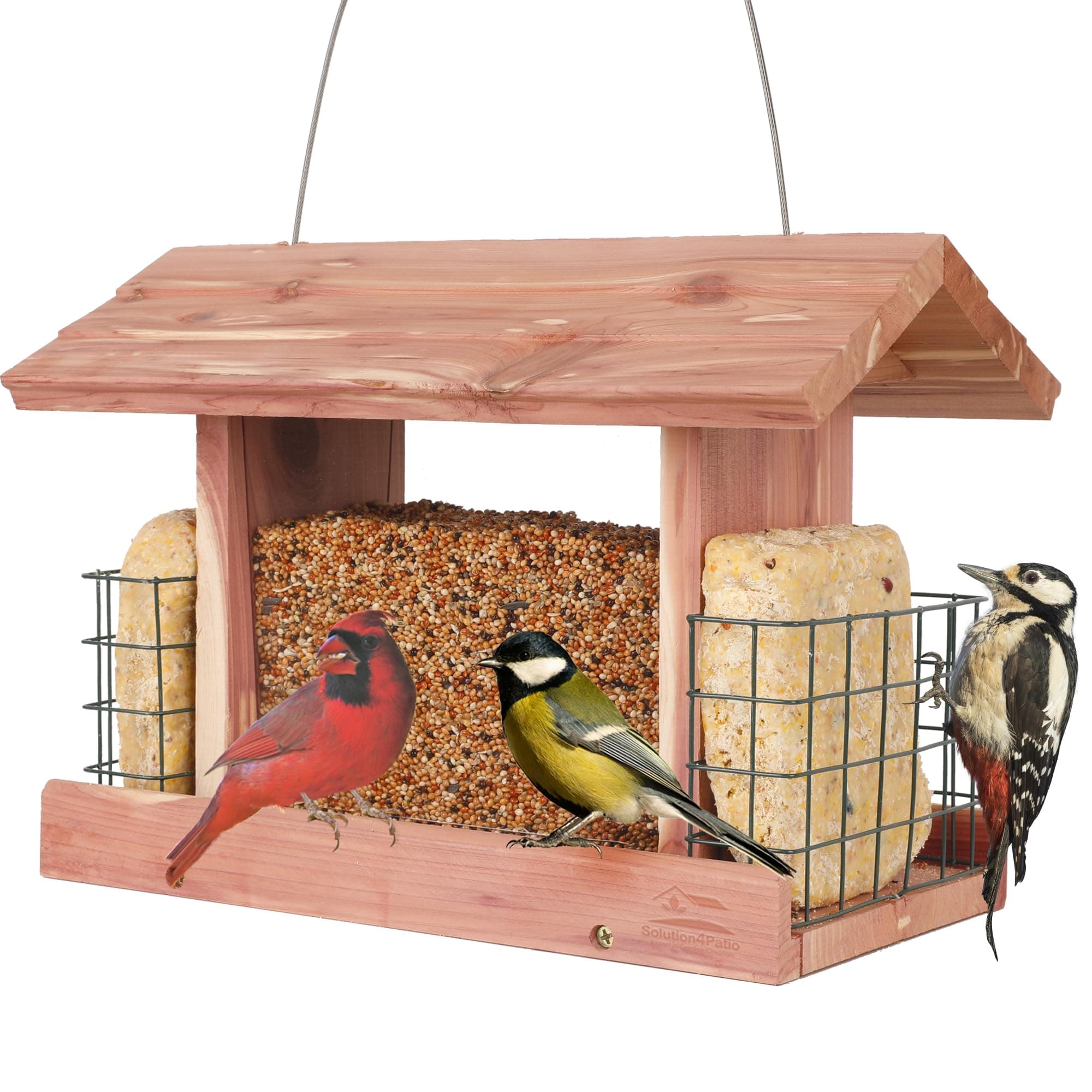 Solution4Patio US Cedar Hopper Bird Feeder for Outdoors Hanging, Handcrafted Wood Double Suet Cage & Clear View Windows, Squirrel-Proof Wild Bird Feeder for Cardinals, Finches, Chickadees