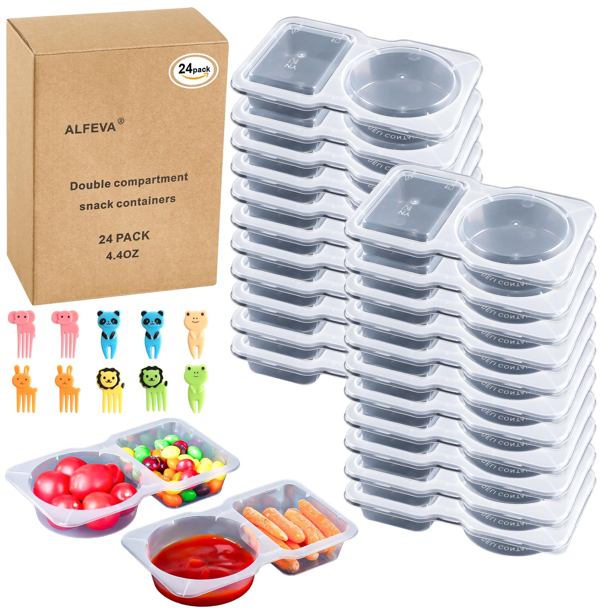 24 Pcs Reusable Snack Containers with Lids, 10 Forks,Double Compartment Snack Containers for kids adults,Dipping sauce Container - Lightweight and Stackable, Microwaveable/refrigerator safe