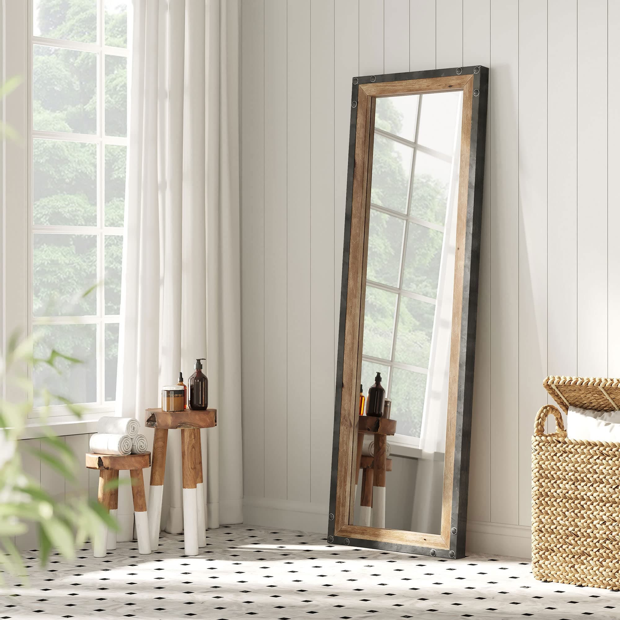 16x48 Leaner Floor Mirror Full Length, Large Rustic Free Standing Leaning Hanging Wood and Metal Long Full Size Farmhouse Wall Mirror for Bedroom Living Room, Brown