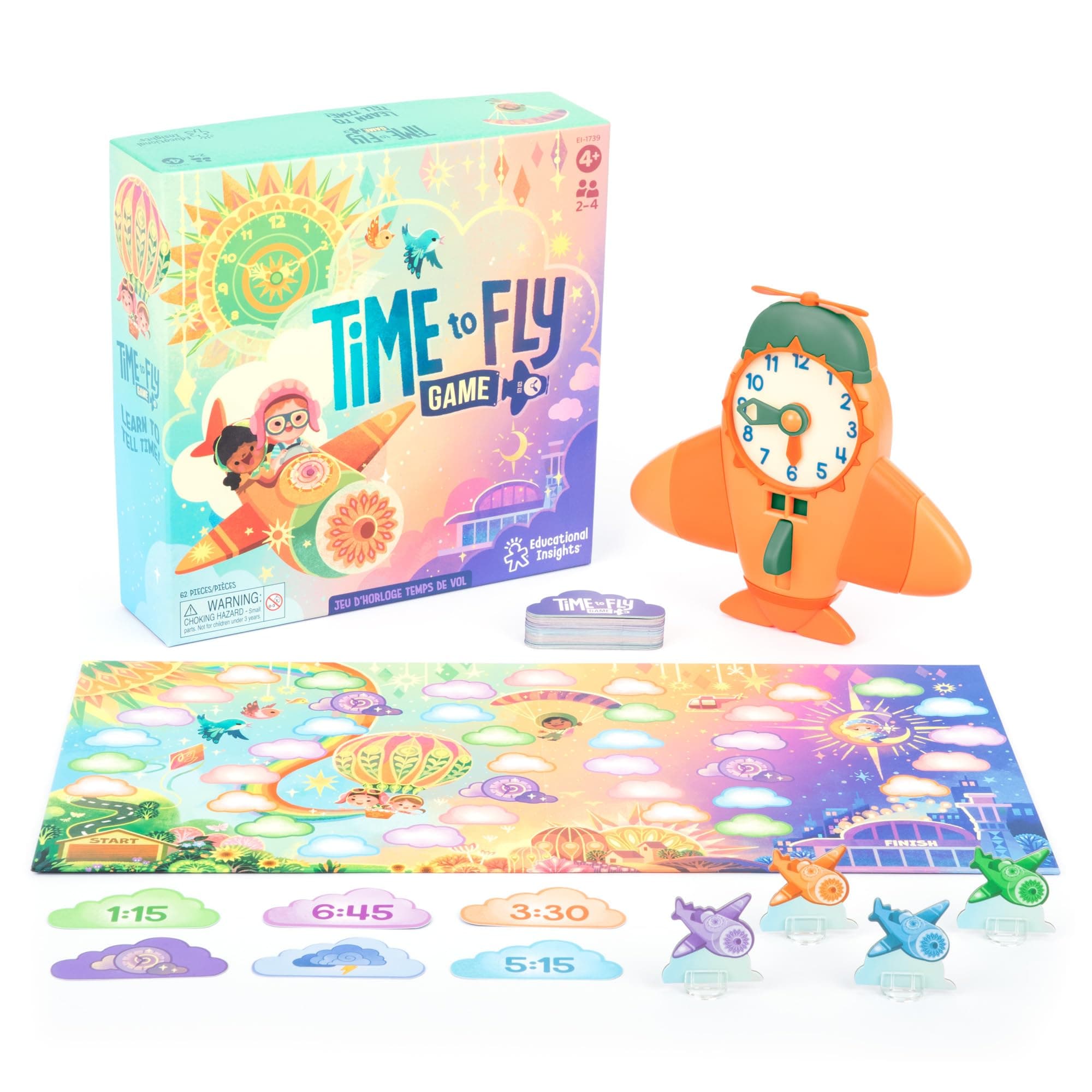 Learning Resources Time to Fly Clock Game, Toys for 4 Year Old Boy and Girls, Telling the Time Clock Game, For 2 to 4 Players, 62 Pieces