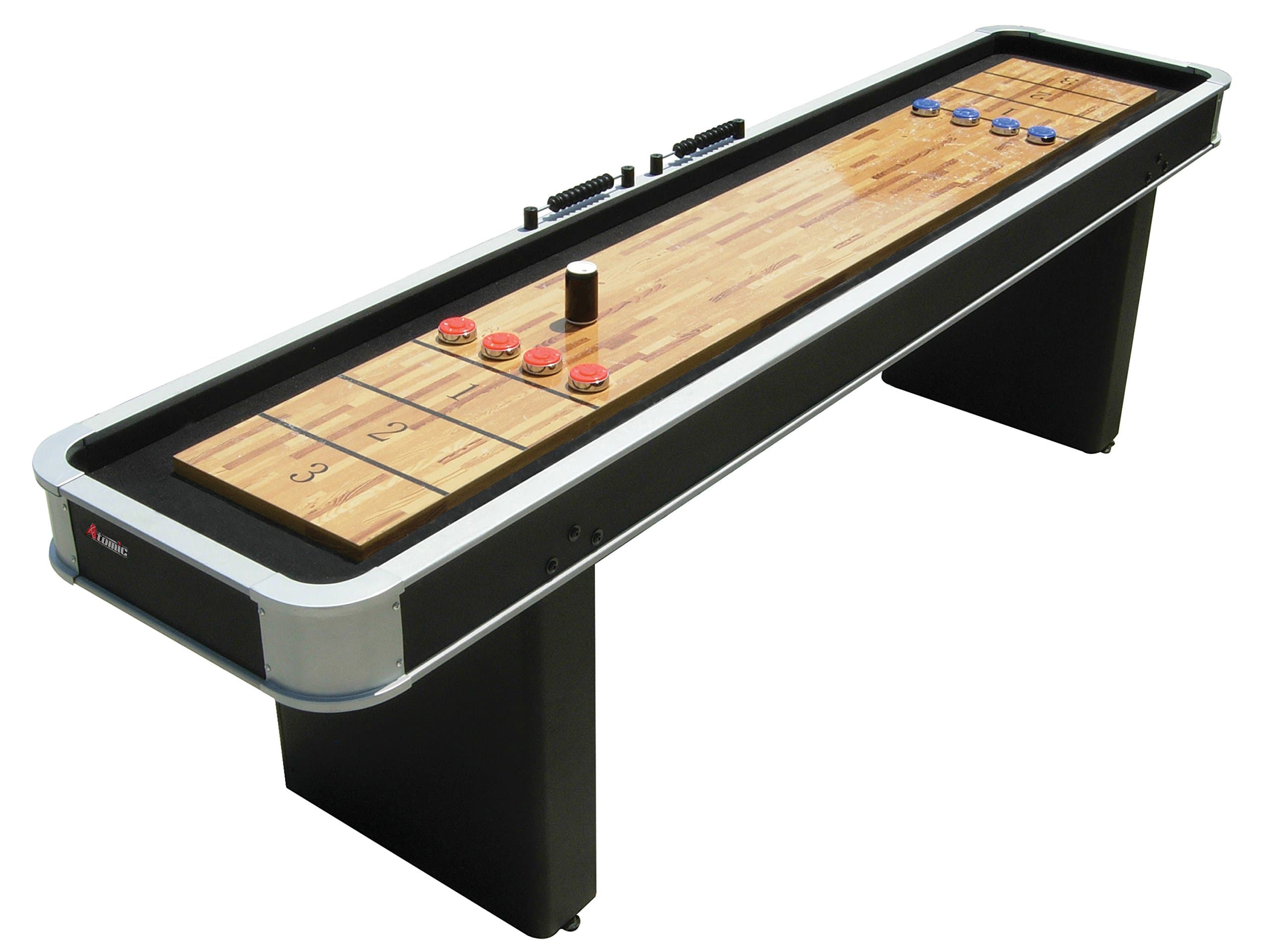 Atomic 9’ LED Shuffleboard Tables with Poly-Coated Playing Surface for Smooth, Fast Puck Action and Pedestal Legs with Levelers for Optimum Stability and Level Play