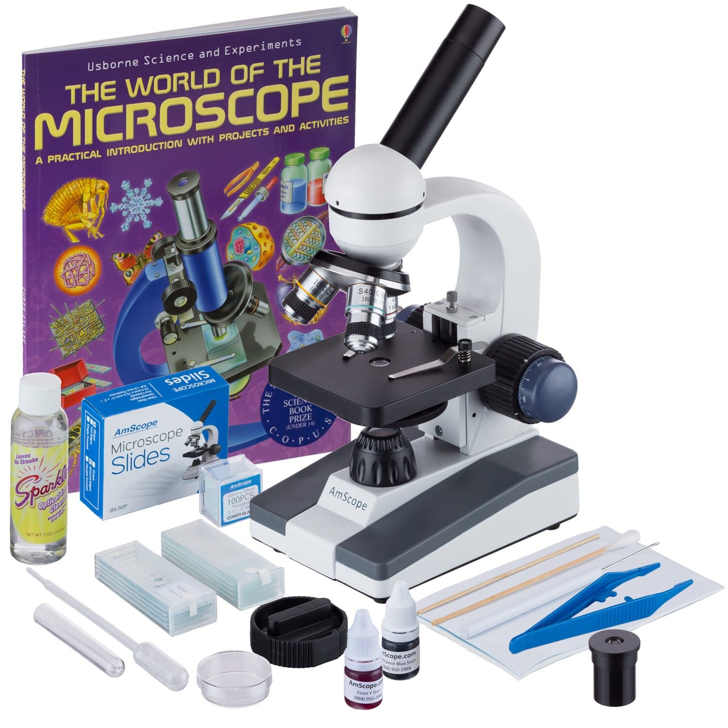 AmScope M150 Series Portable Monocular Student Compound Microscope - 40X-1000X Magnification - Comes with 50 Blank Slides, 100 Cover Slips & More