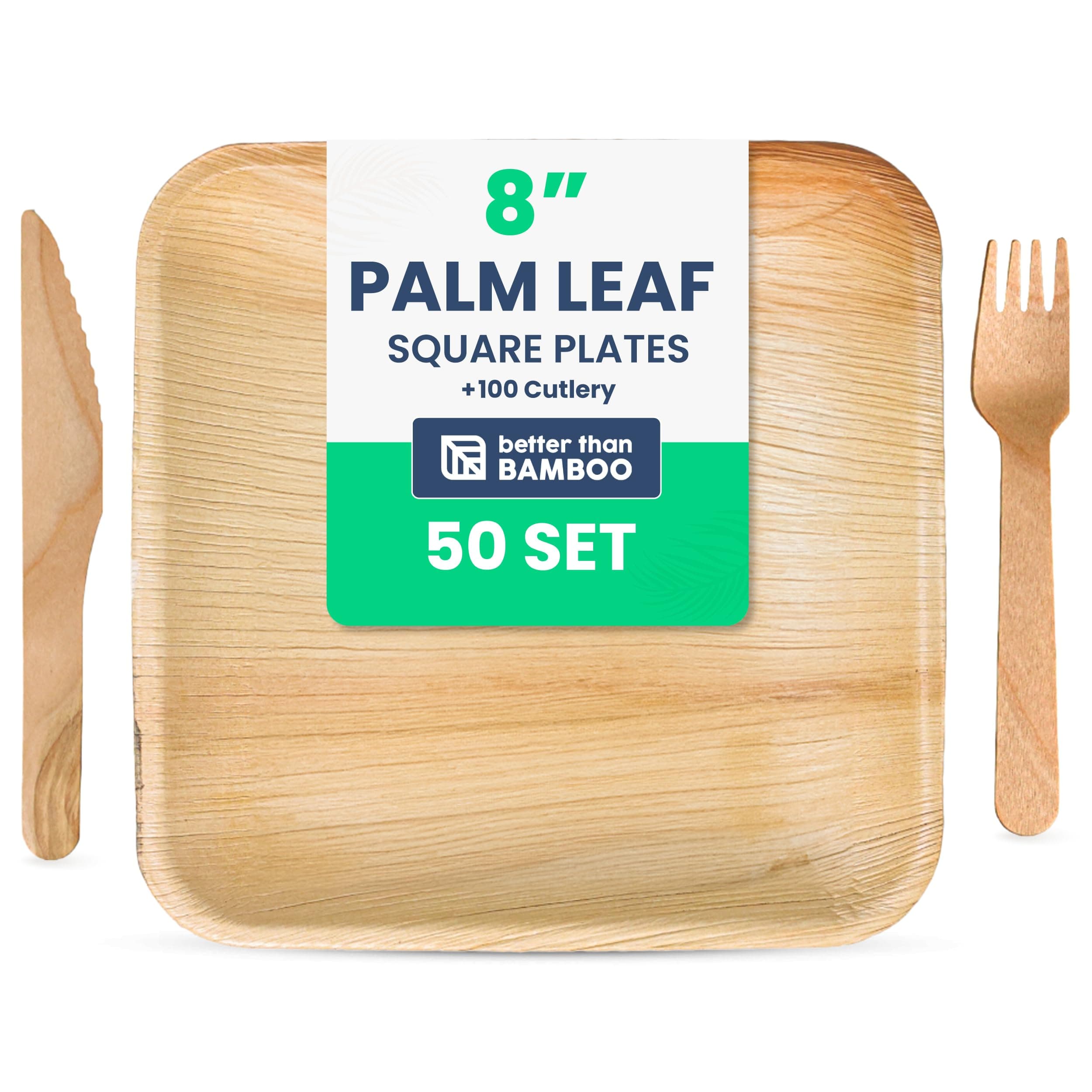 - 50 Leaf Disposable Plates (8 Inch) + 100 FREE Compostable Cutlery (50 Forks, 50 Knives) | Heavy Duty Party Plates | Biodegradable, Eco-Friendly and Alternative to Bamboo, Wood, Paper, Plastic
