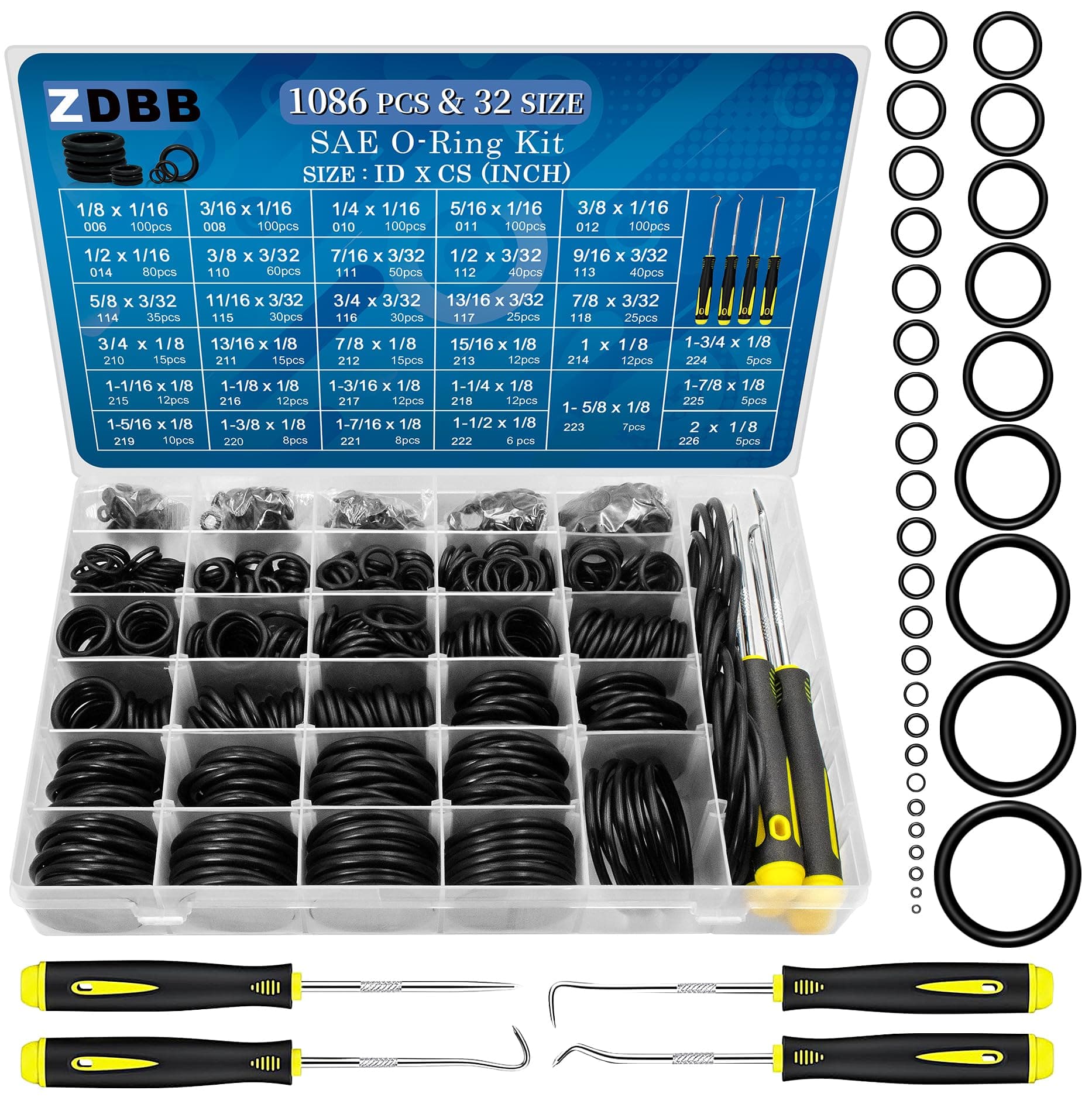 ZDBB 24 Size Rubber O Ring Set, 1120 PCS Black Small O Rings Assortment Kits