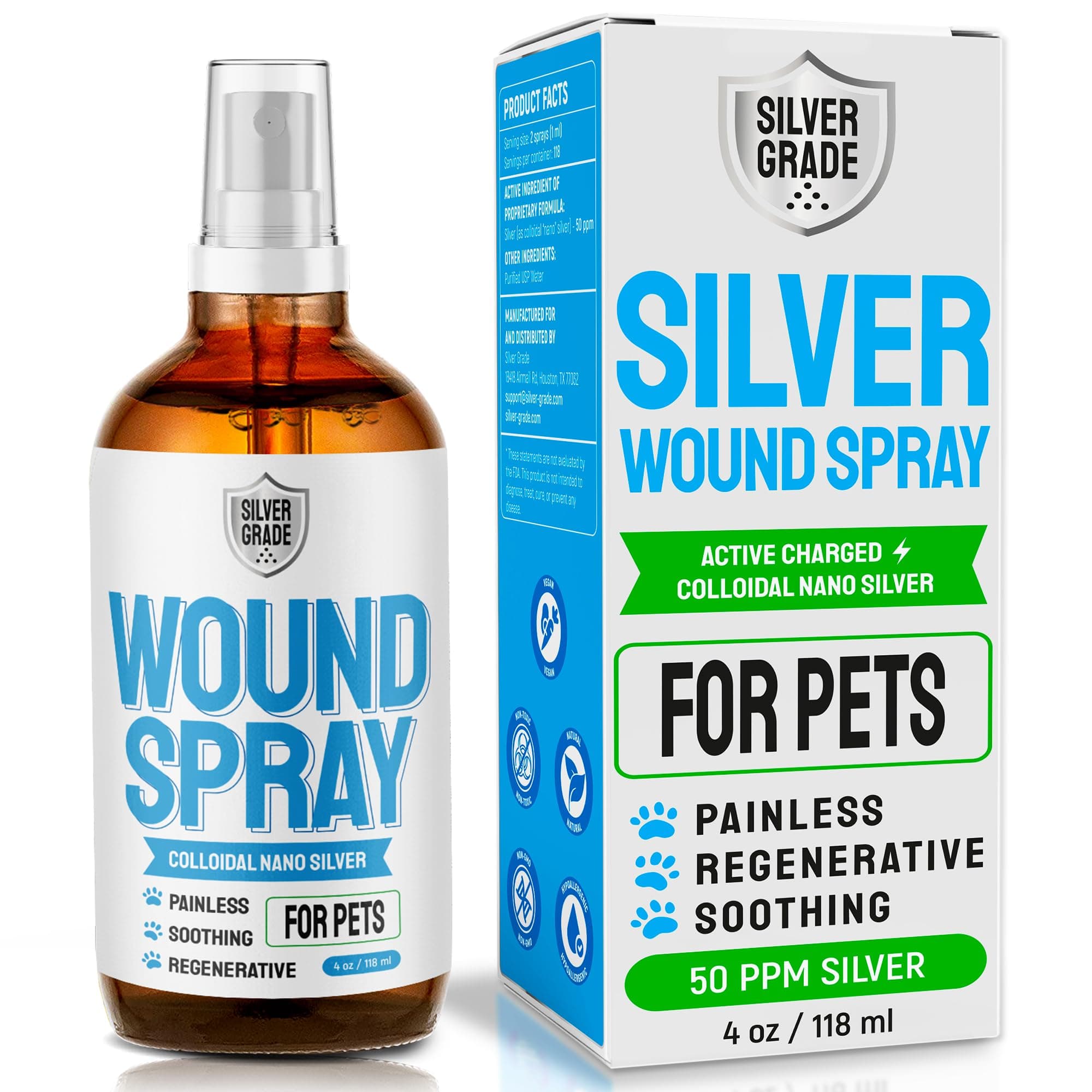 SILVER GRADE Wound Spray for Pets ● Colloidal Silver Wound and Skin Care for Dogs & Cats ● Helps with Rashes, Hot Spots, Itch, Scratching, Skin Irritation, Bites & Burns ● Safe if Licked (4 oz)