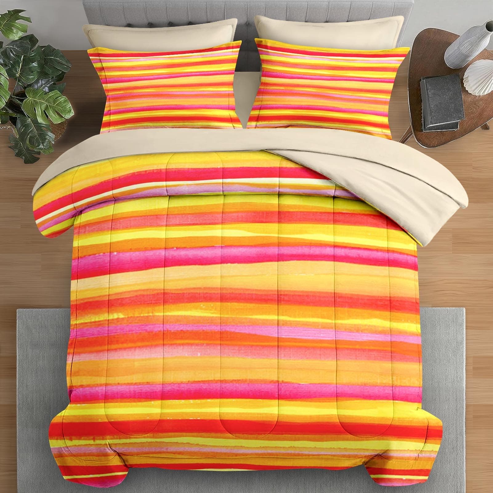 Comforter Set Twin Size, Orange Red Yellow 5 Pcs Bedding for Kids and Adults, Pink Rainbow Dye Bed Sheet Sets with Fitted Sheet Pillowcase & Sham for Bedroom Bed Decor