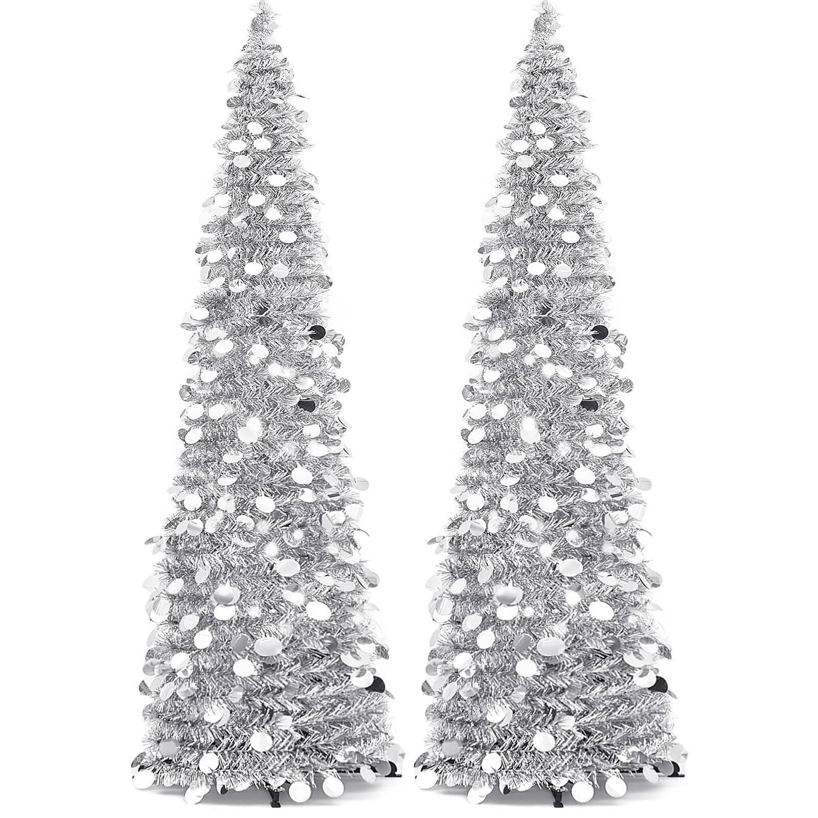 Leyndo 2 Pcs 5 ft Collapsible Artificial Christmas Tree Pop up Silver Sequined Tinsel Pencil Skinny Xmas Tree for Home Fireplace Decoration